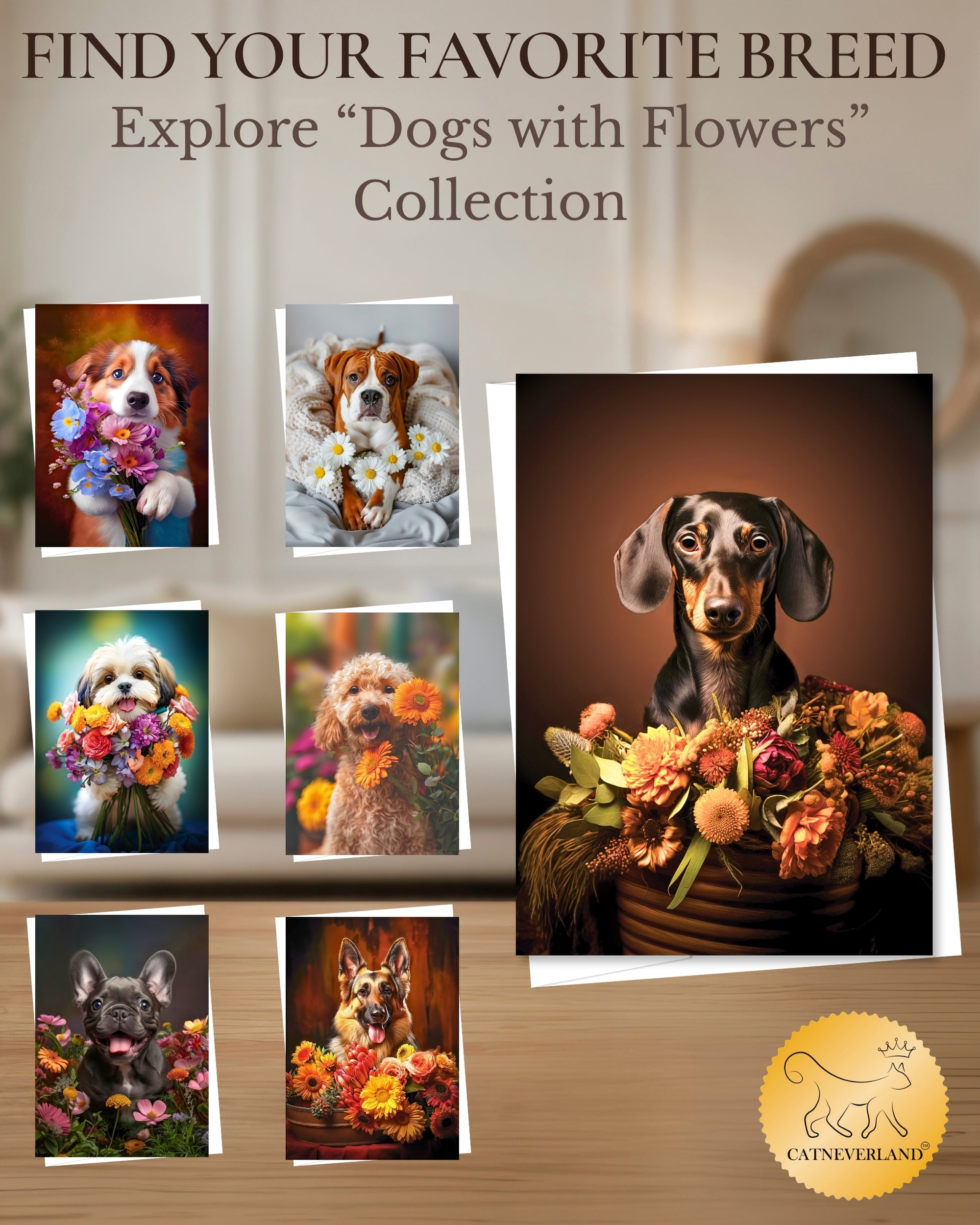 Dachshund with Flowers All Occasions Greeting Card from Unique Dogs Party Delights Collection Large 5x7 Inch Blank Inside with White Envelope