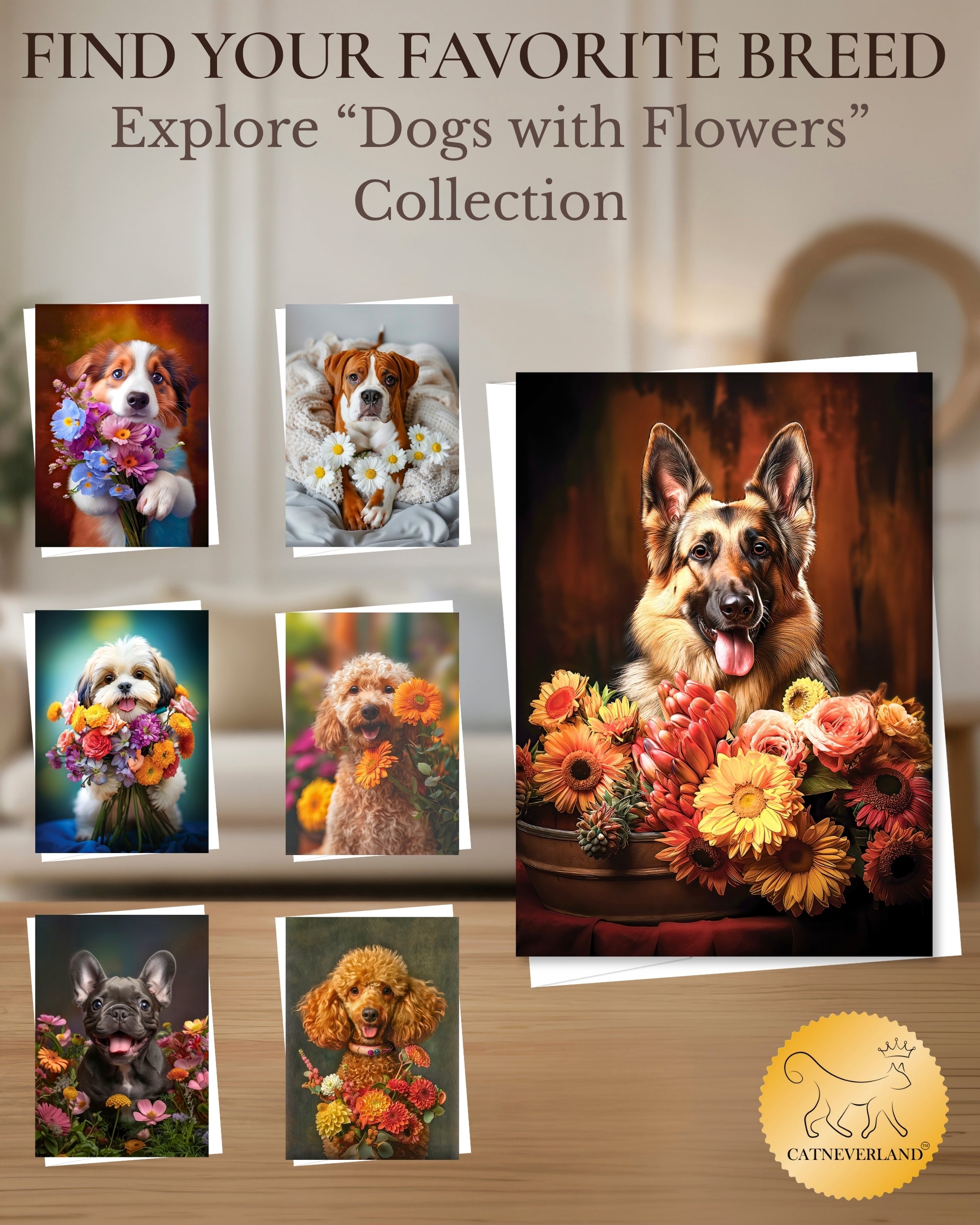 German Shepherd with Flowers All Occasions Greeting Card from Unique Dogs Party Delights Collection Large 5x7 Inch Blank Inside with White Envelope