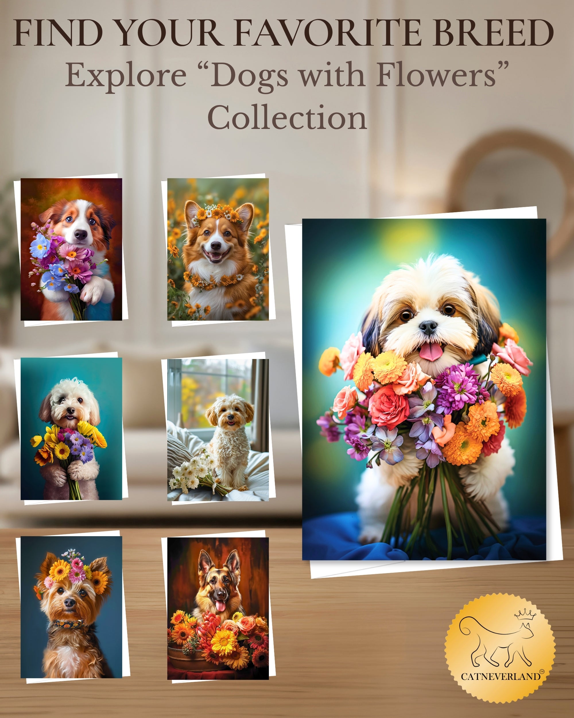 Shih Tzu with Flower All Occasions Greeting Card - 5x7 Inch, Collection Dogs with Flowers, Premium Cardstock, Blank Inside, White A7 Envelope, Eco-Friendly