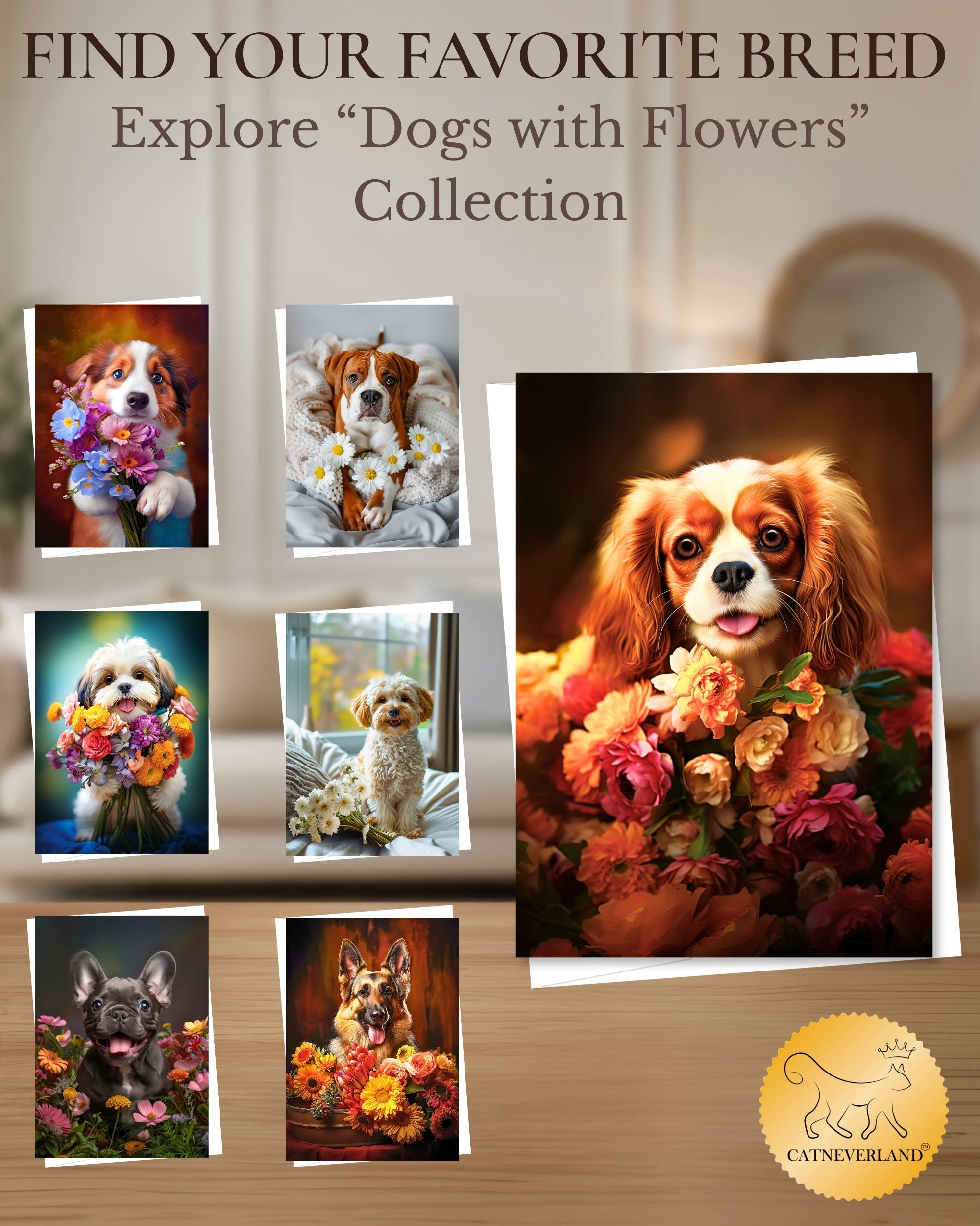 Cavalier King Charles Spaniel with Flowers All Occasions Greeting Card - Dog with Flowers from Unique Dogs Party Delights Collection - Large 5x7 Inch - Blank Inside with A7 Invitation Style White