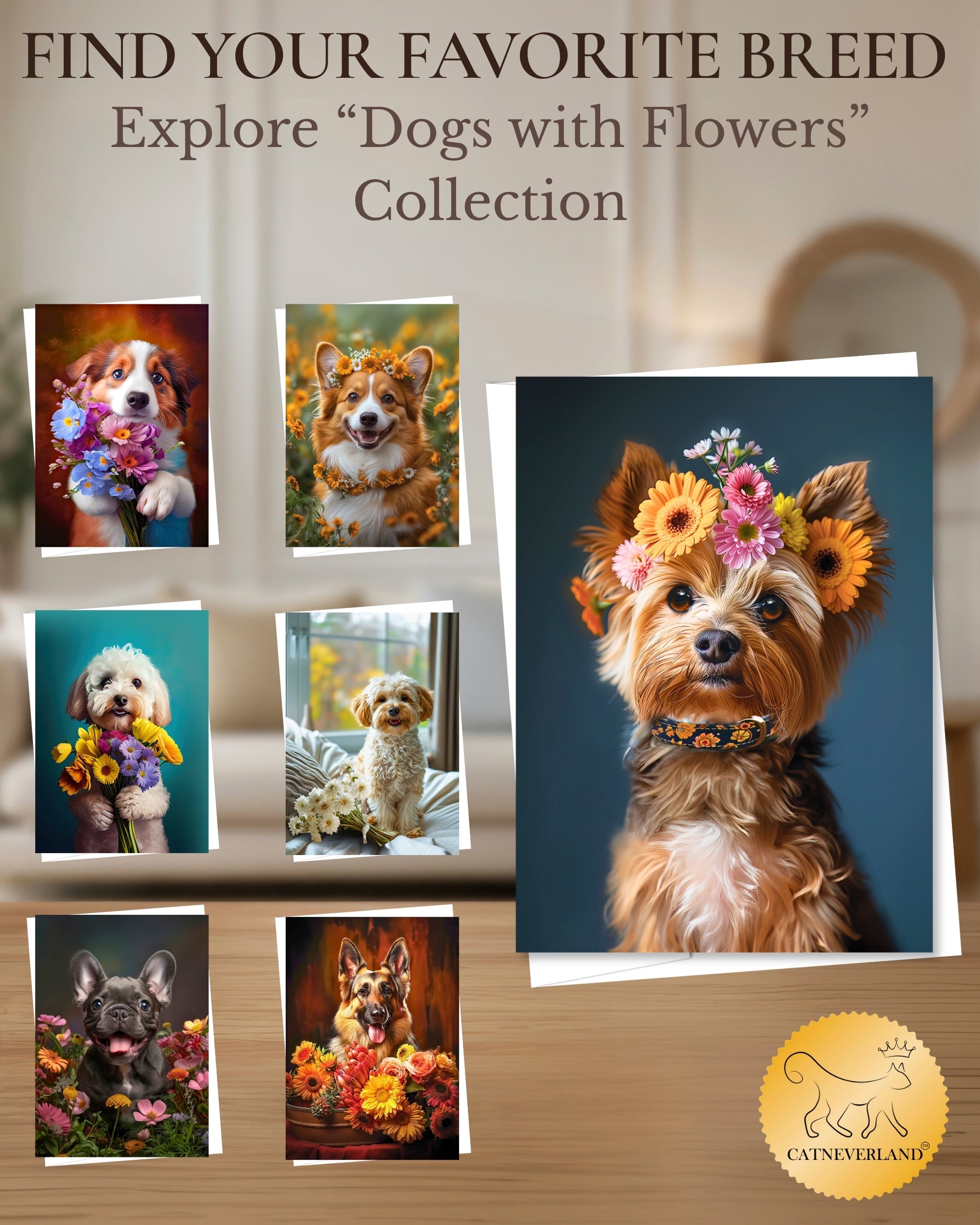 Yorkshire Terrier with Flower Crown All Occasions Greeting Card from Unique Dogs Party Delights Collection Large 5x7 Inch Blank Inside with Envelope