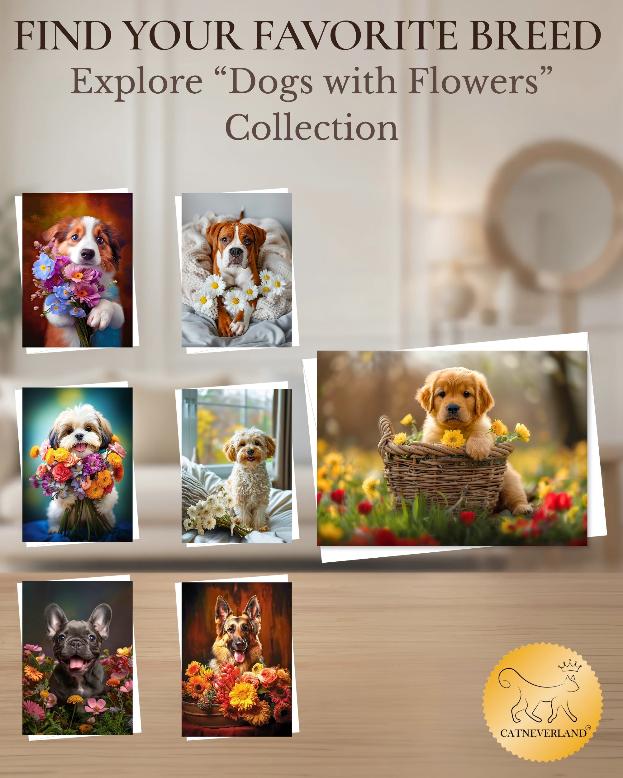 Golden Retriever Puppy All Occasions Greeting Card - Dog with Flowers from Unique Dogs Party Delights Collection - Large 5x7 Inch - Blank Inside with White Envelope