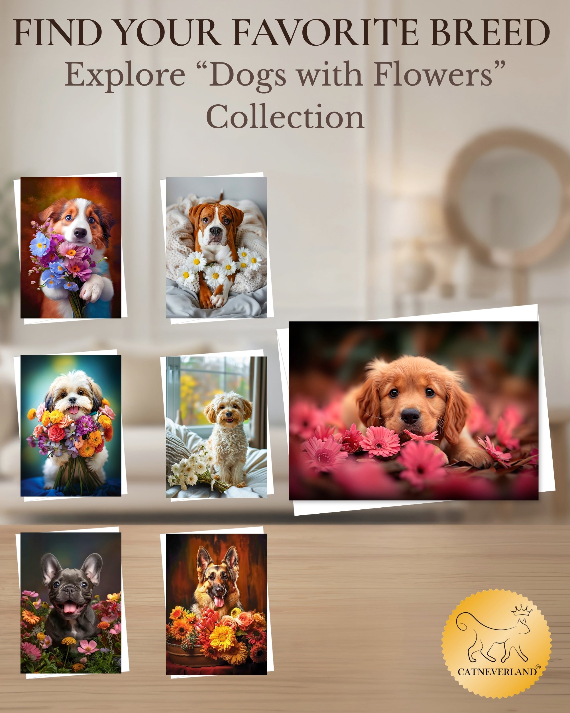 Golden Retriever Puppy with Pink Flowers All Occasions Greeting Card from Unique Dogs Party Delights Collection Large 5x7 Inch Blank Inside with Envelope