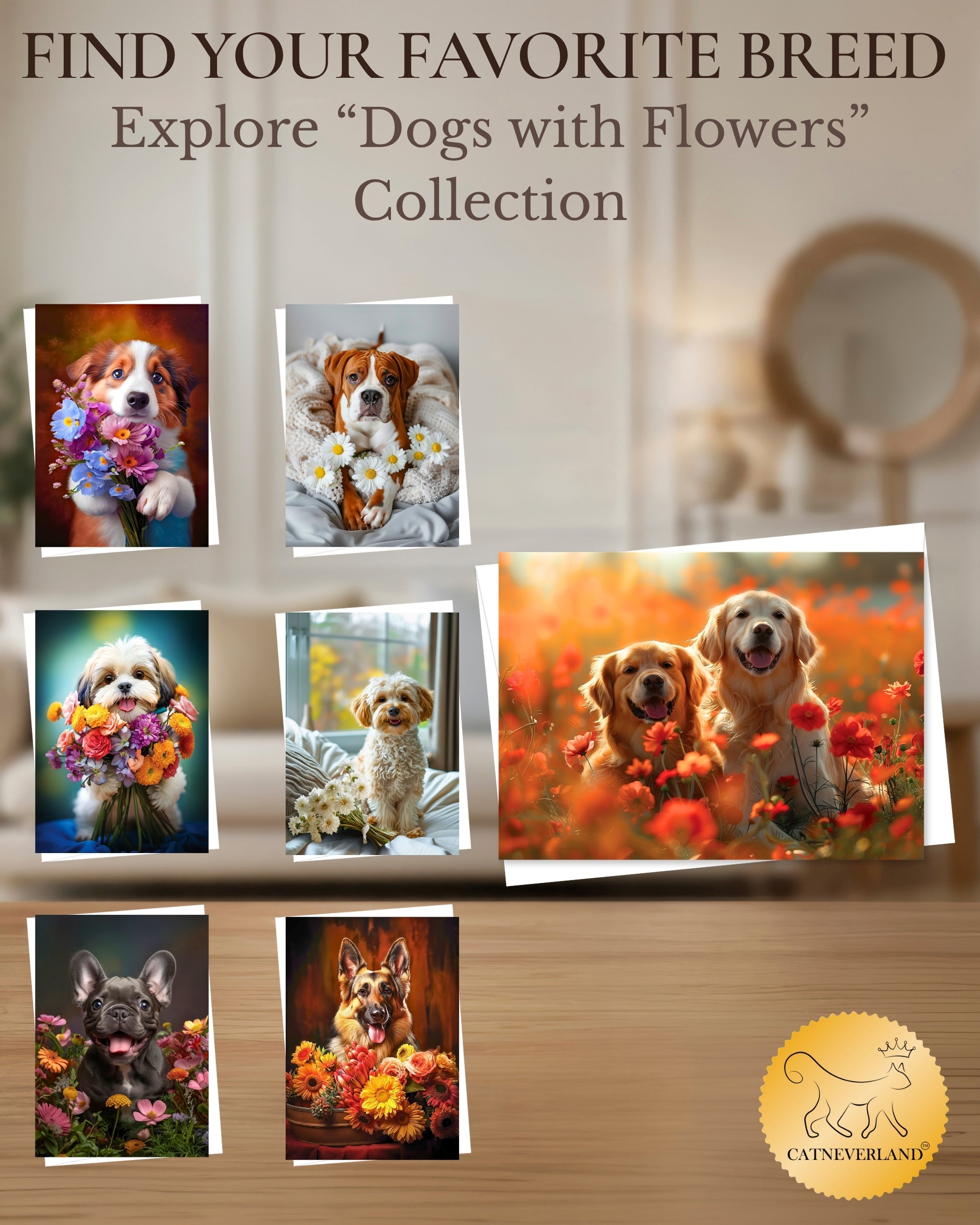 Golden Retrievers in Flower Garden All Occasions Greeting Card from Unique Dogs Party Delights Collection Large 5x7 Inch Blank Inside with Envelope