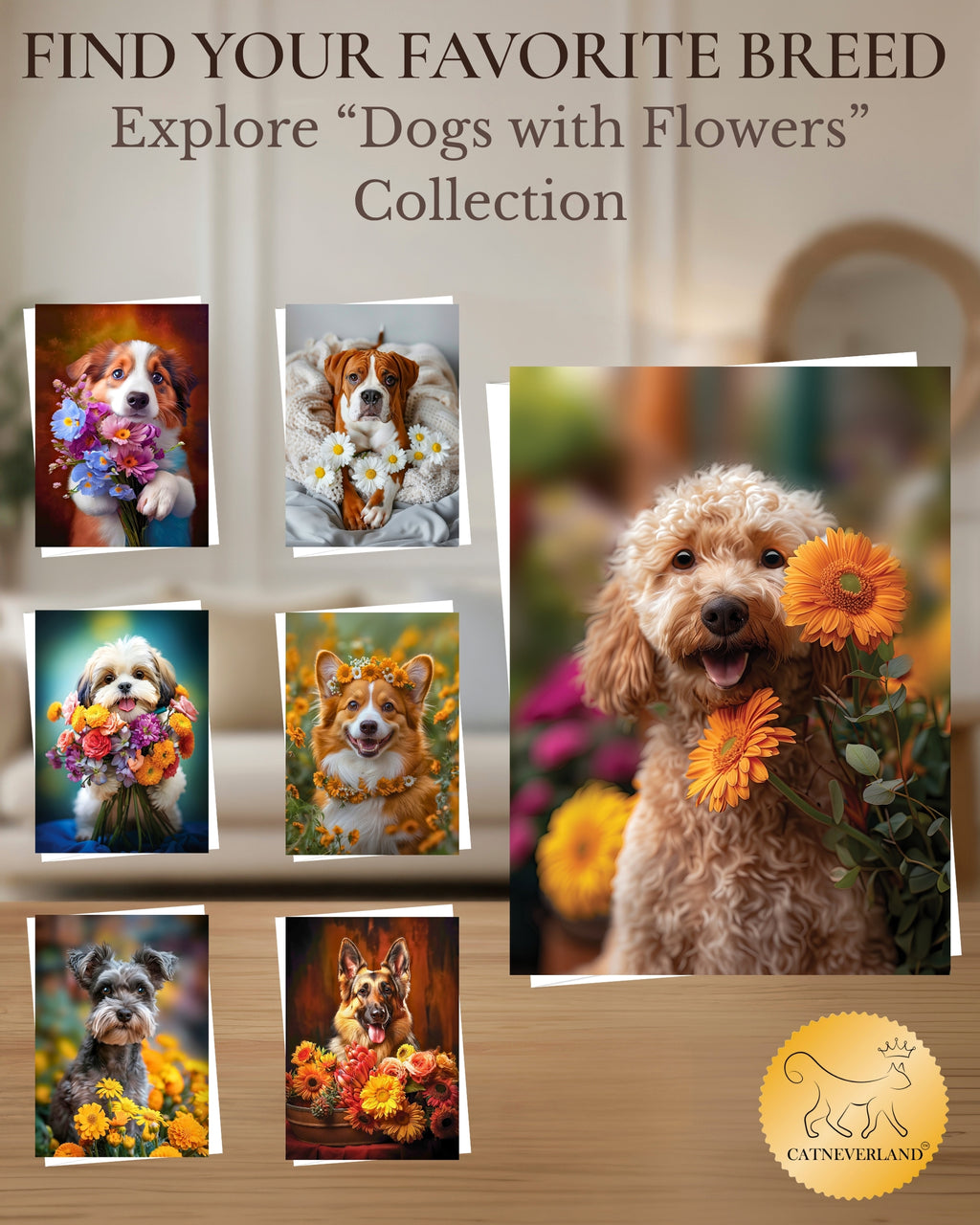 Goldendoodle with Orange Flowers All Occasions Greeting Card from Unique Dogs Party Delights Collection Large 5x7 Inch Blank Inside with Envelope
