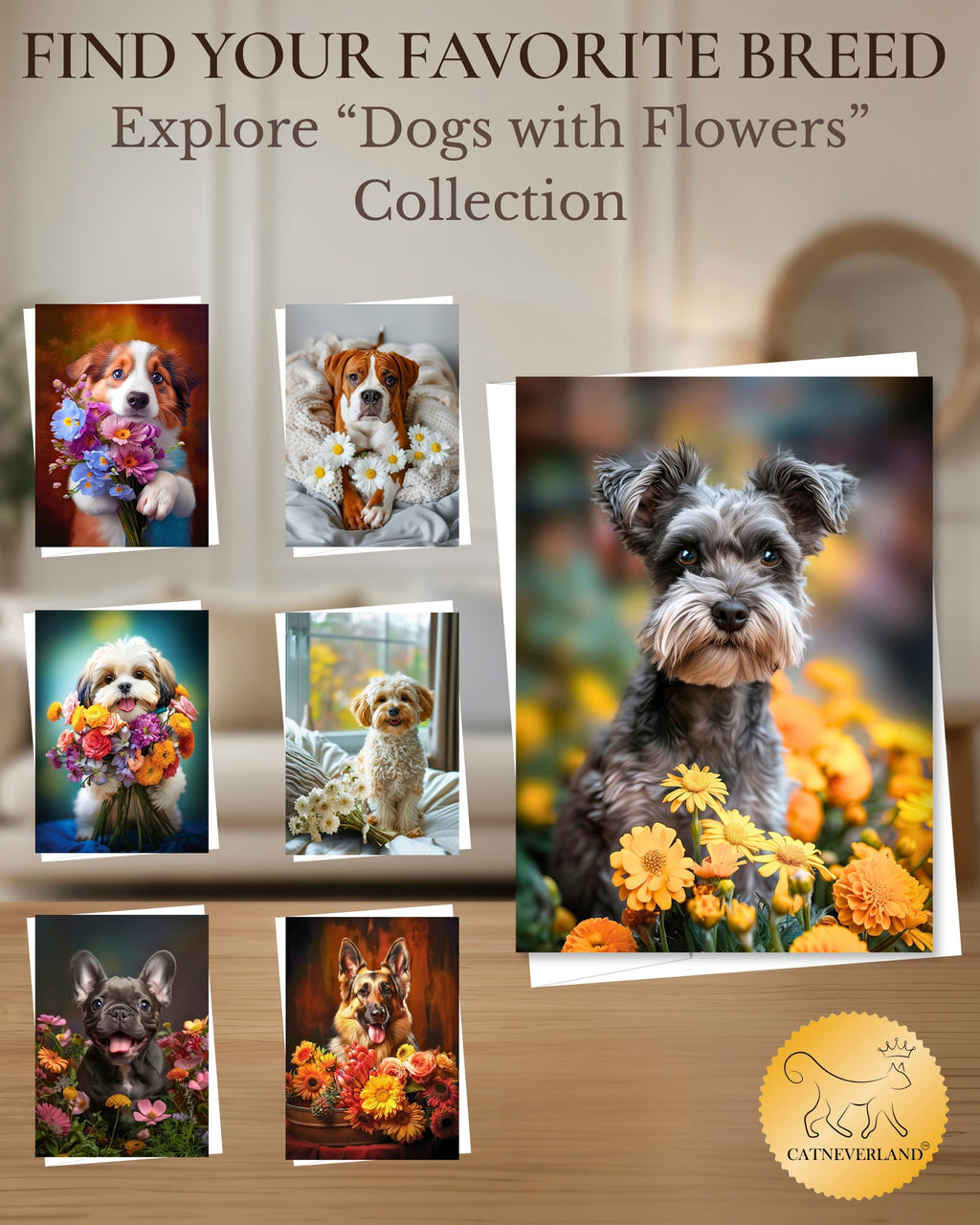 Schnauzer with Yellow Flowers All Occasions Greeting Card from Unique Dogs Party Delights Collection Large 5x7 Inch Blank Inside with Envelope