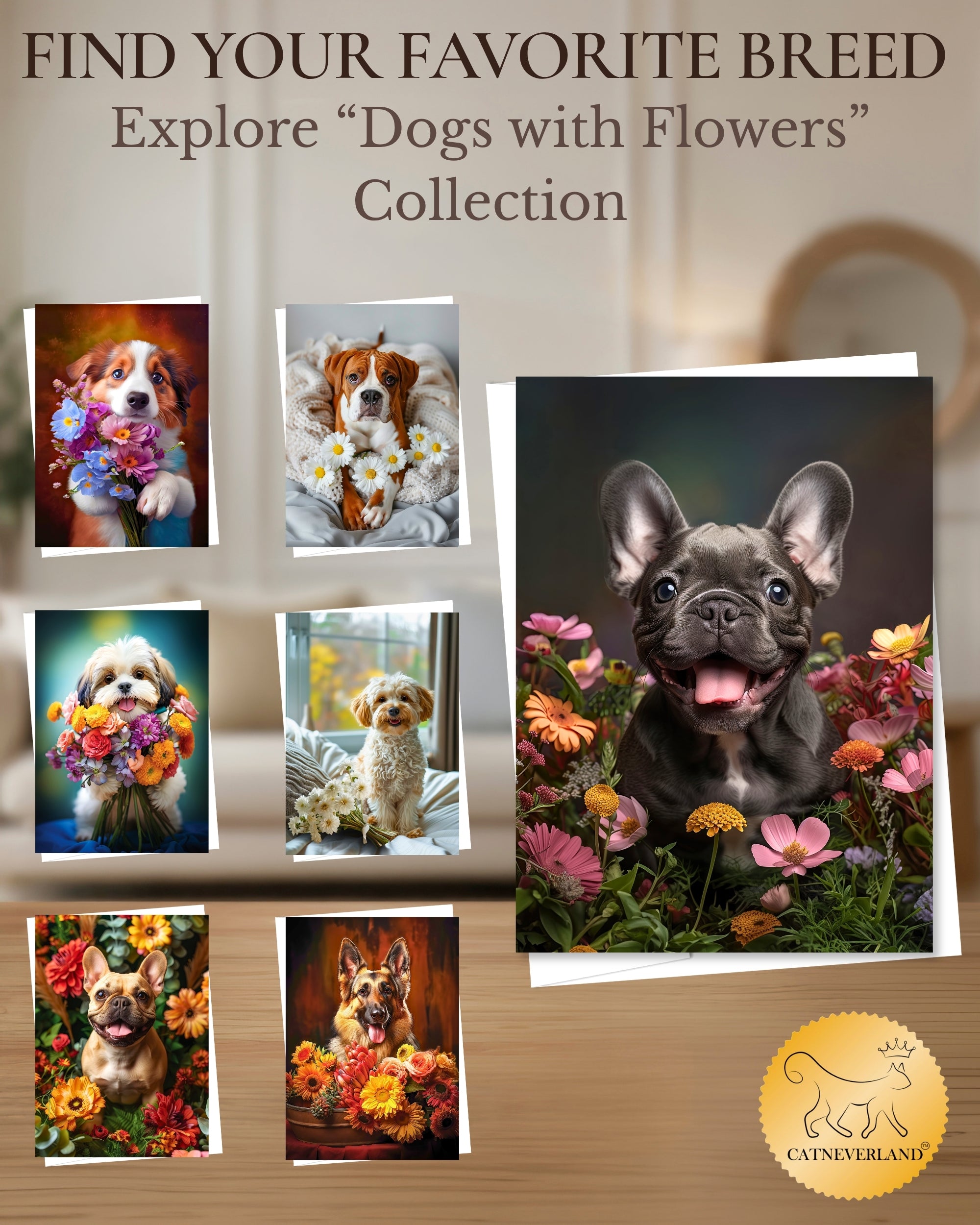 French Bulldog Puppy with Flowers All Occasions Greeting Card - Dog with Flowers from Unique Dogs Party Delights Collection - Large 5x7 Inch - Blank Inside with Invitation Style White Envelope
