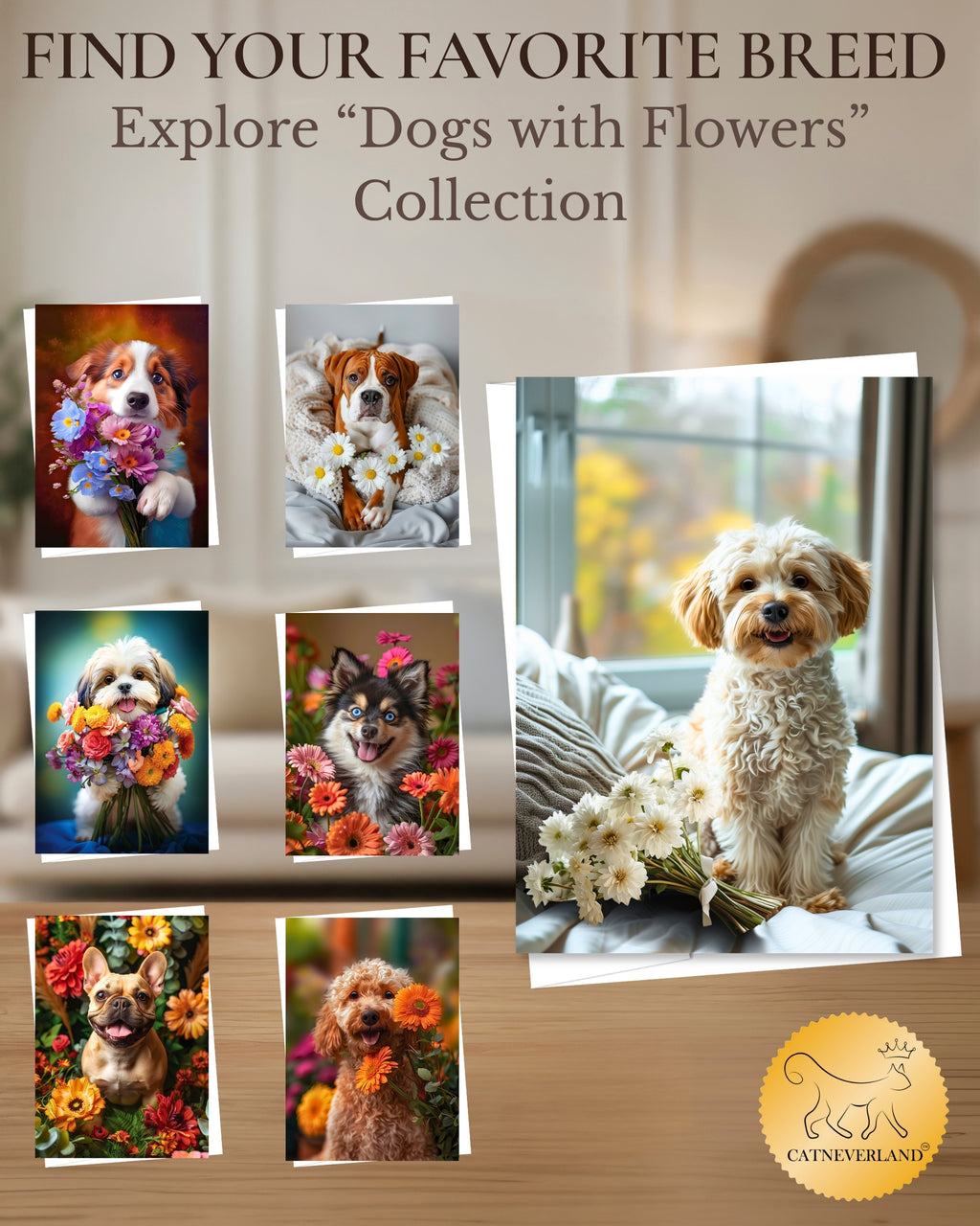 Cavapoo with Flowers All Occasions Greeting Card - Dog with Flowers from Unique Dogs Party Delights Collection - Large 5x7 Inch - Blank Inside with White Envelope