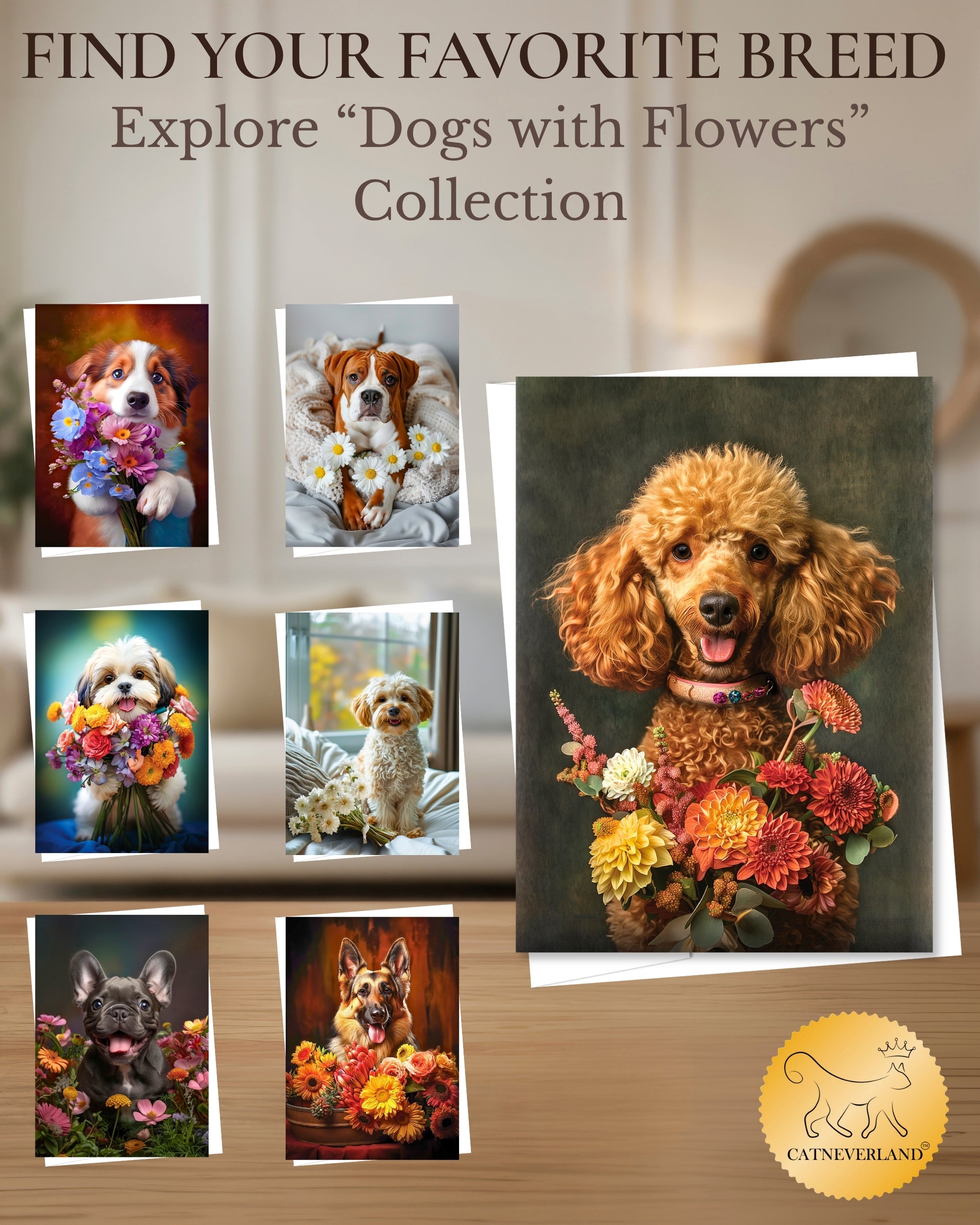 Poodle with Flowers All Occasions Greeting Card from Unique Dogs Party Delights Collection Large 5x7 Inch Blank Inside with White Envelope