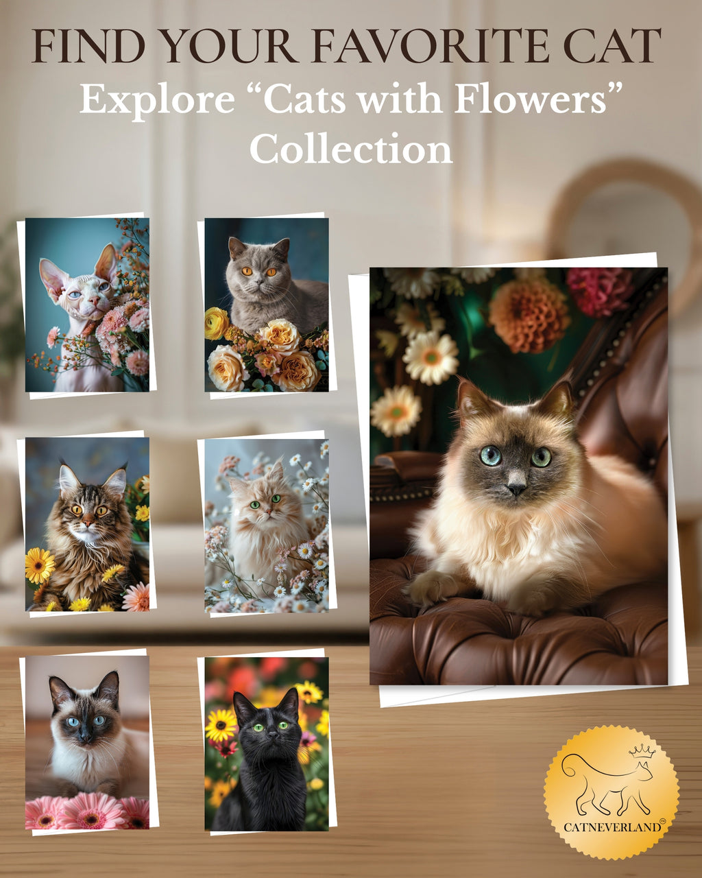 Monya The Cat Any Occasion Greeting Card - 5x7 Inch from Cats with Flowers Collection, Premium Cardstock, Blank Inside, White Envelope, Great Gift for Cat Lovers