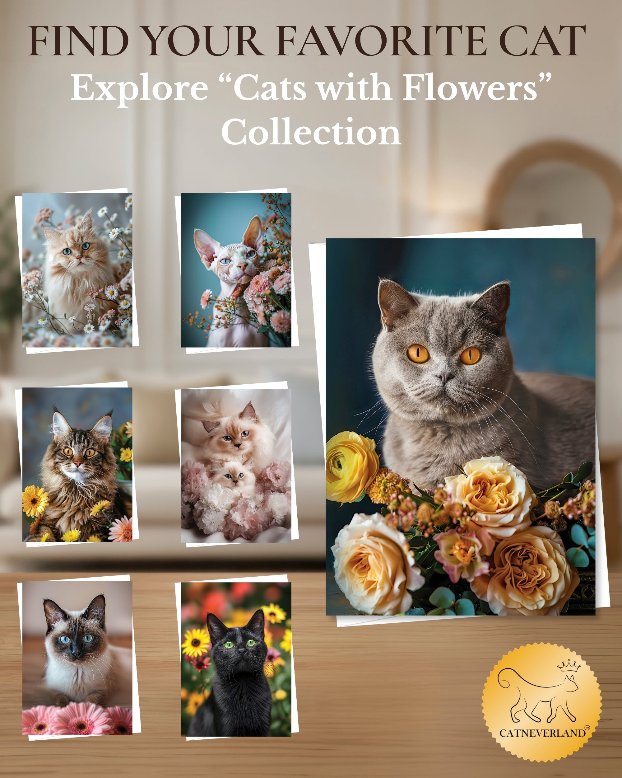 British Shorthair Cat Greeting Card 5x7 Inch Any Occasion Cats with Flowers Collection Premium Cardstock Blank Inside White Envelope Included Great Gift for Cat Lovers