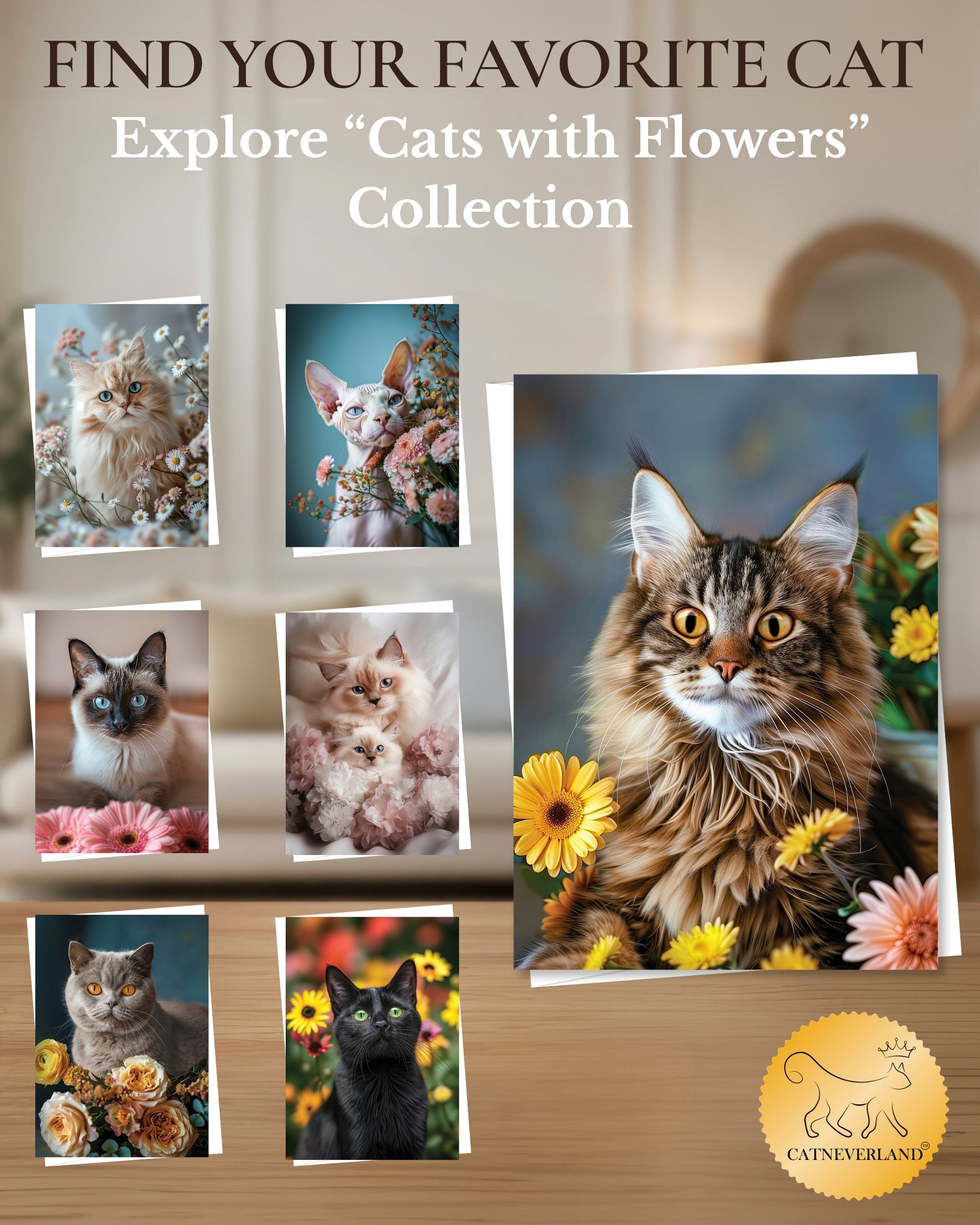 Maine Coon Cat Greeting Card 5x7 Inch Any Occasion from Cats with Flowers Collection Premium Cardstock Blank Inside White Envelope Great Gift for Cat Lovers