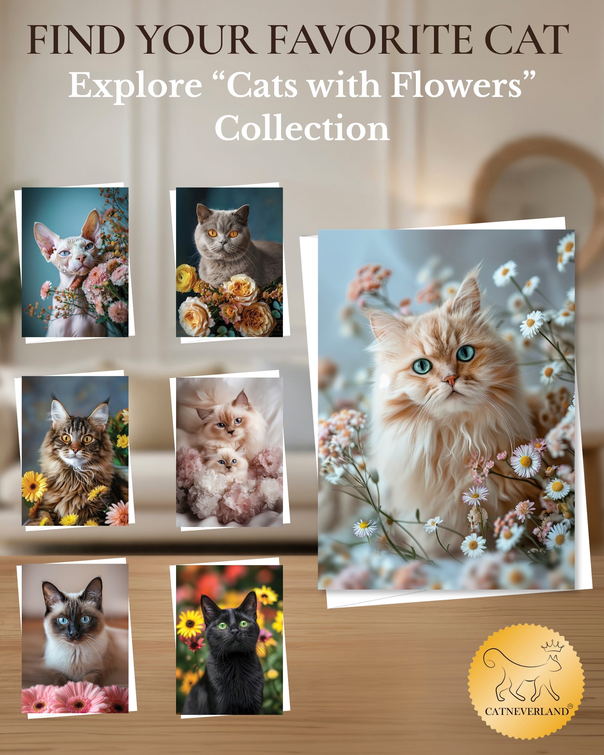 Persian Cat Greeting Card 5x7 Inch Any Occasion from Cats with Flowers Collection Premium Cardstock Blank Inside White Envelope Great Gift for Cat Lovers