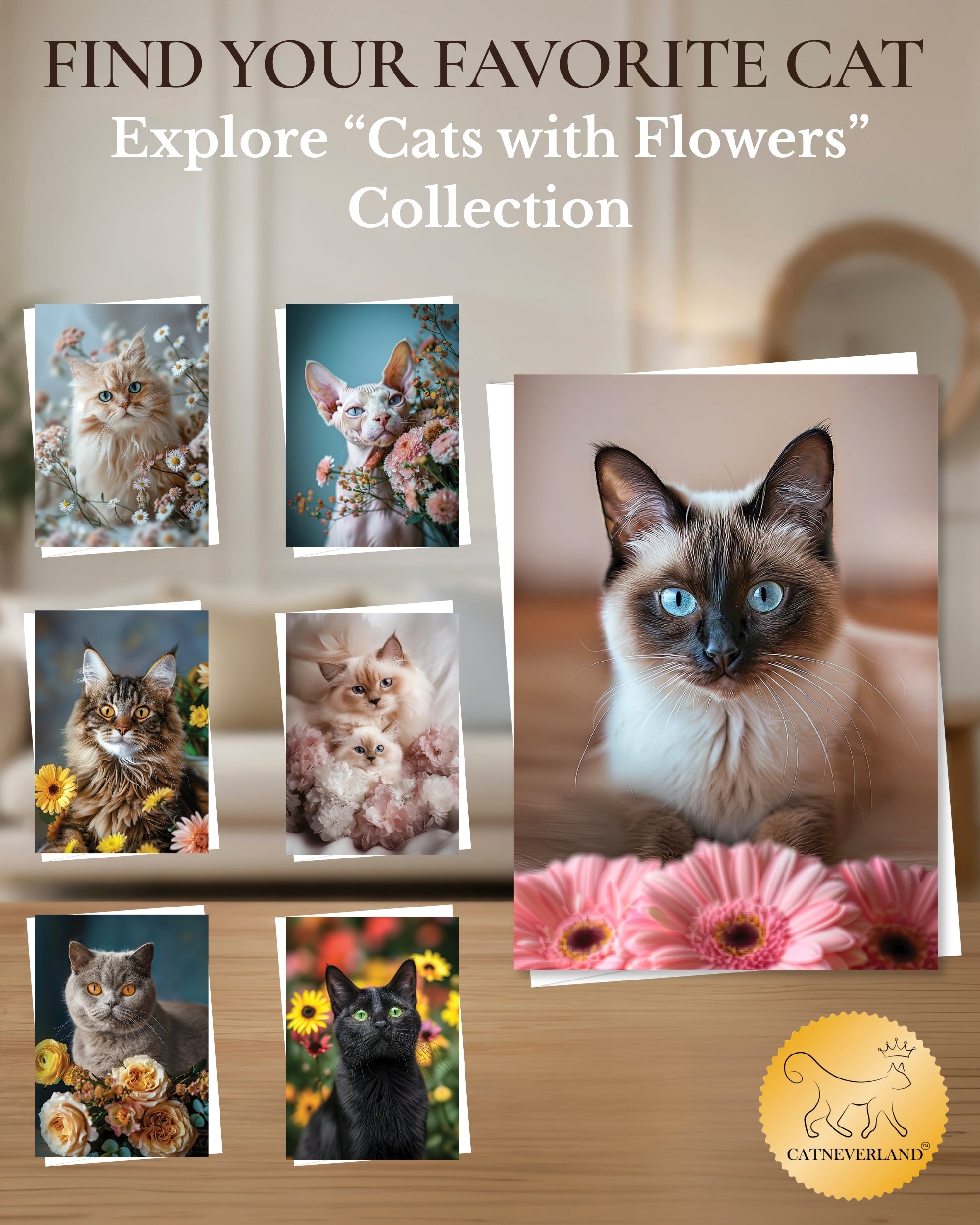 Siamese Cat Greeting Card 5x7 Inch Any Occasion from Cats with Flowers Collection Premium Cardstock Blank Inside White Envelope Great Gift for Cat Lovers