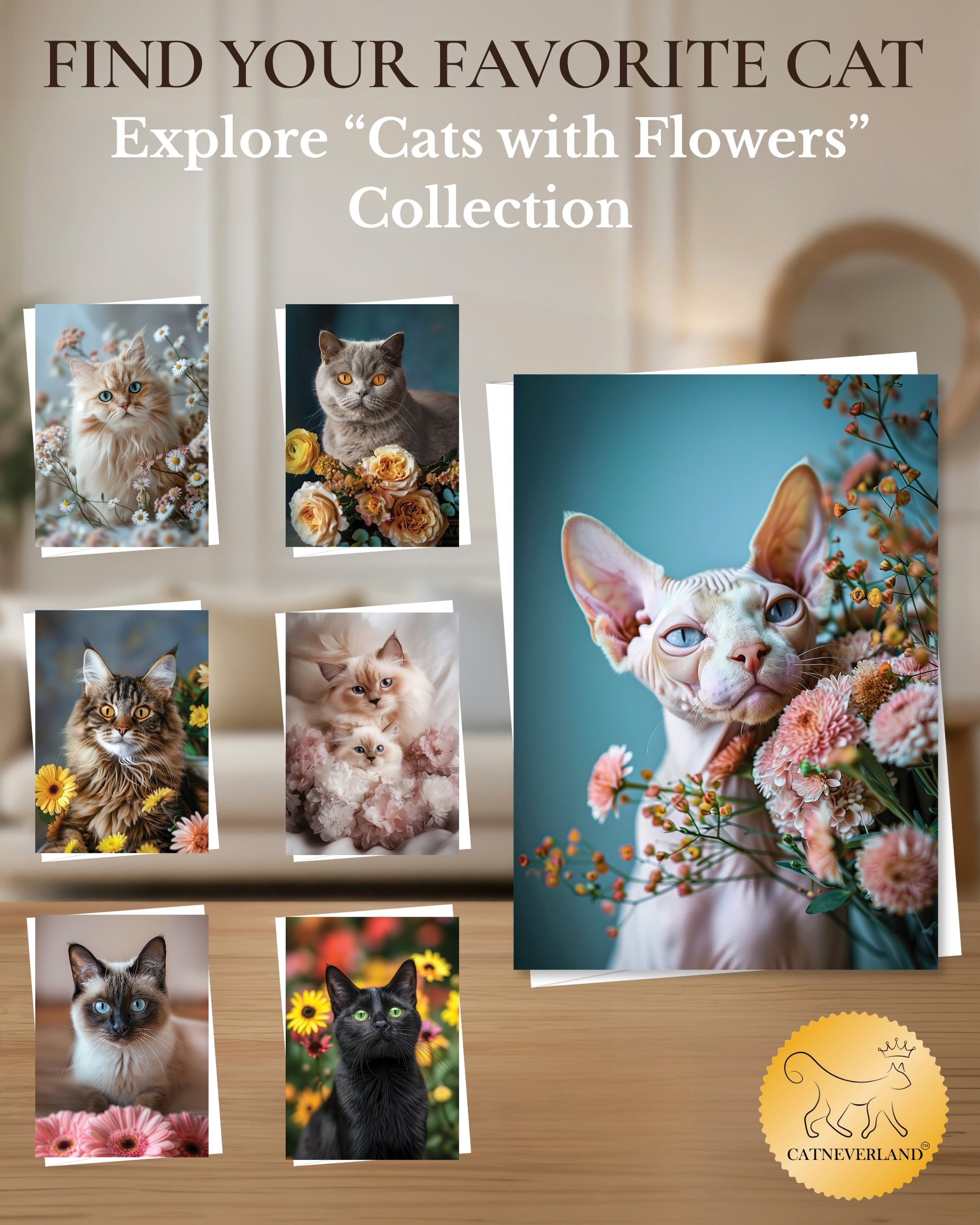 Sphynx Cat Greeting Card - 5x7 Inch Any Occasion from Cats with Flowers Collection Premium Cardstock Blank Inside White Envelope Great Gift for Cat Lovers