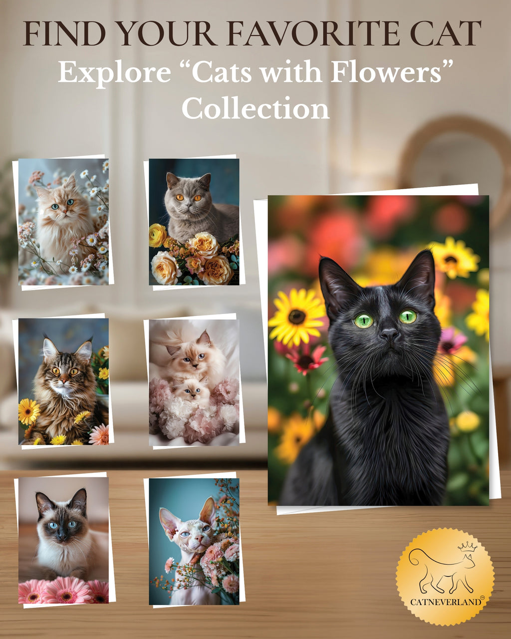 Bombay Cat Greeting Card 5x7 Inch Any Occasion from Cats with Flowers Collection Premium Cardstock Blank Inside White Envelope Included Great Gift for Cat Lovers