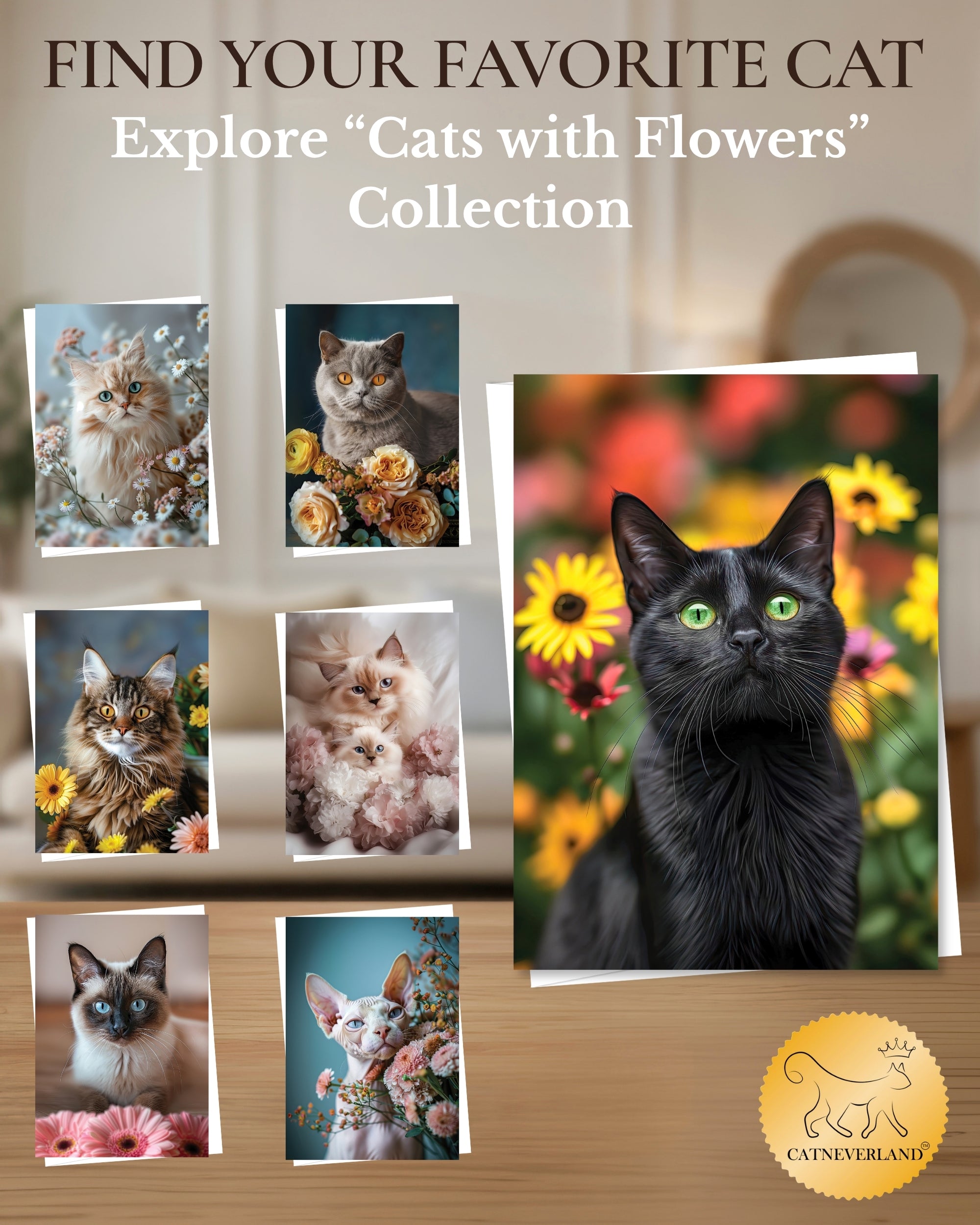 Bombay Cat Greeting Card 5x7 Inch Any Occasion from Cats with Flowers Collection Premium Cardstock Blank Inside White Envelope Included Great Gift for Cat Lovers