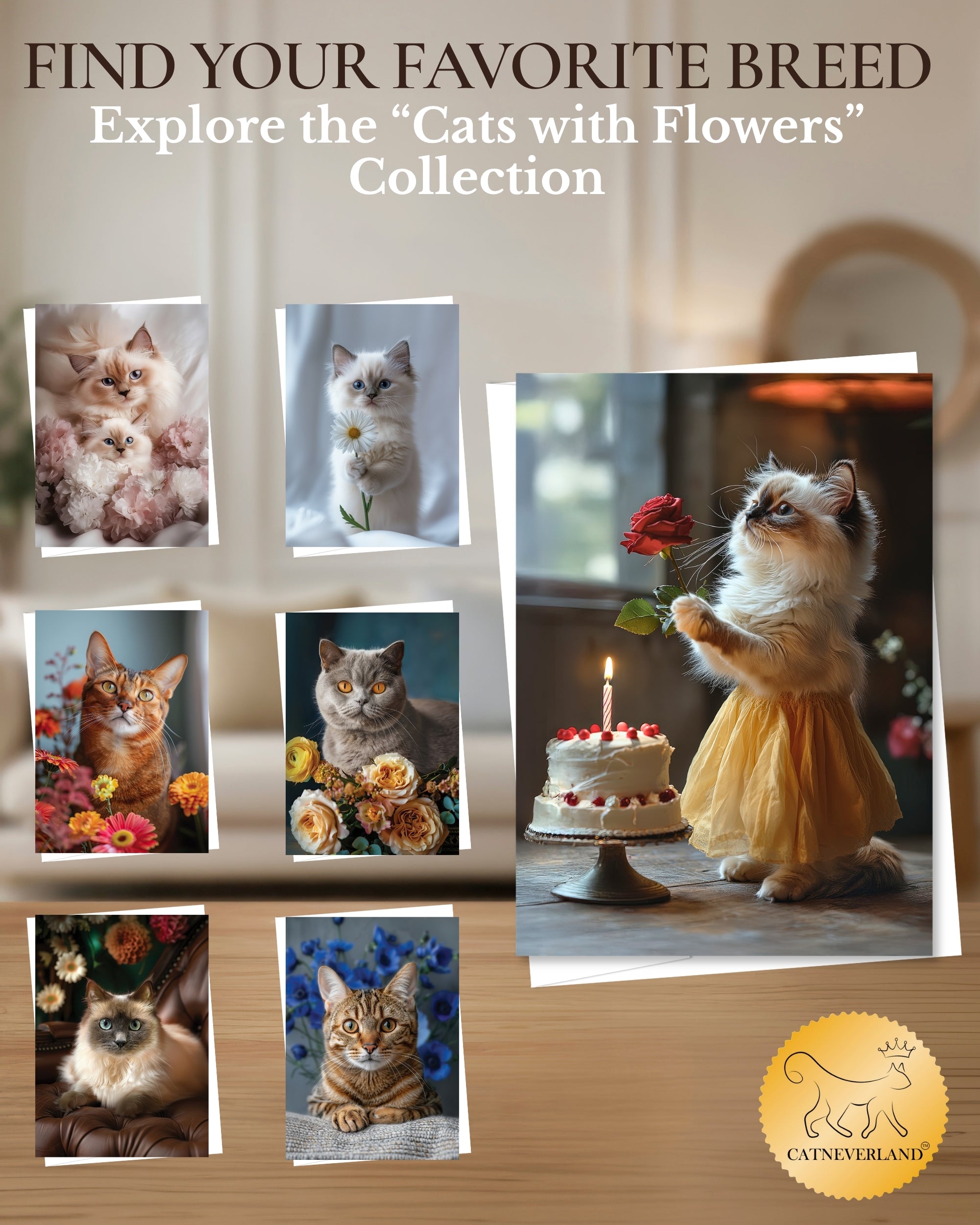 Happy Birthday Ragdoll Kitten Greeting Card Cute Cat in Dress with Cake and Rose – Blank Inside 5x7 Premium Card with Envelope – Made in USA by Pet-Friendly Business