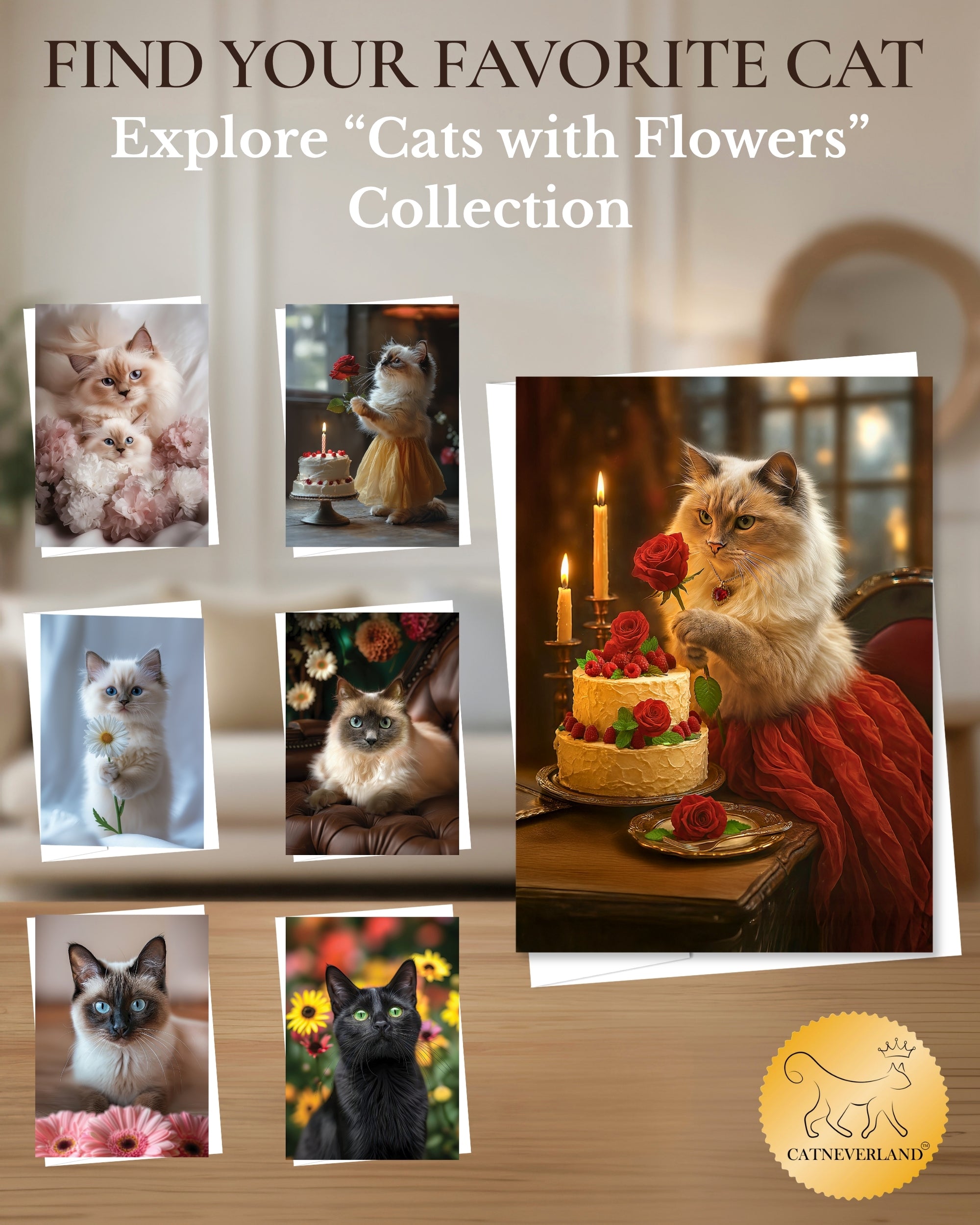 Ragdoll Cat with Cake and Red Rose Greeting Card – Blank Inside – Valentine’s Day, Birthday, Anniversary, or Thinking of You Card – Red Rose Collection by CatNeverland – 5x7 in, White Envelope, Made in USA