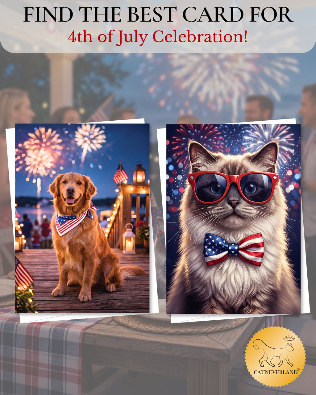 Golden Retriever 4th of July Greeting Card – Patriotic Dog Card with Fireworks – Premium 5x7 Independence Day Card with White Envelope – Blank Inside – Made in USA