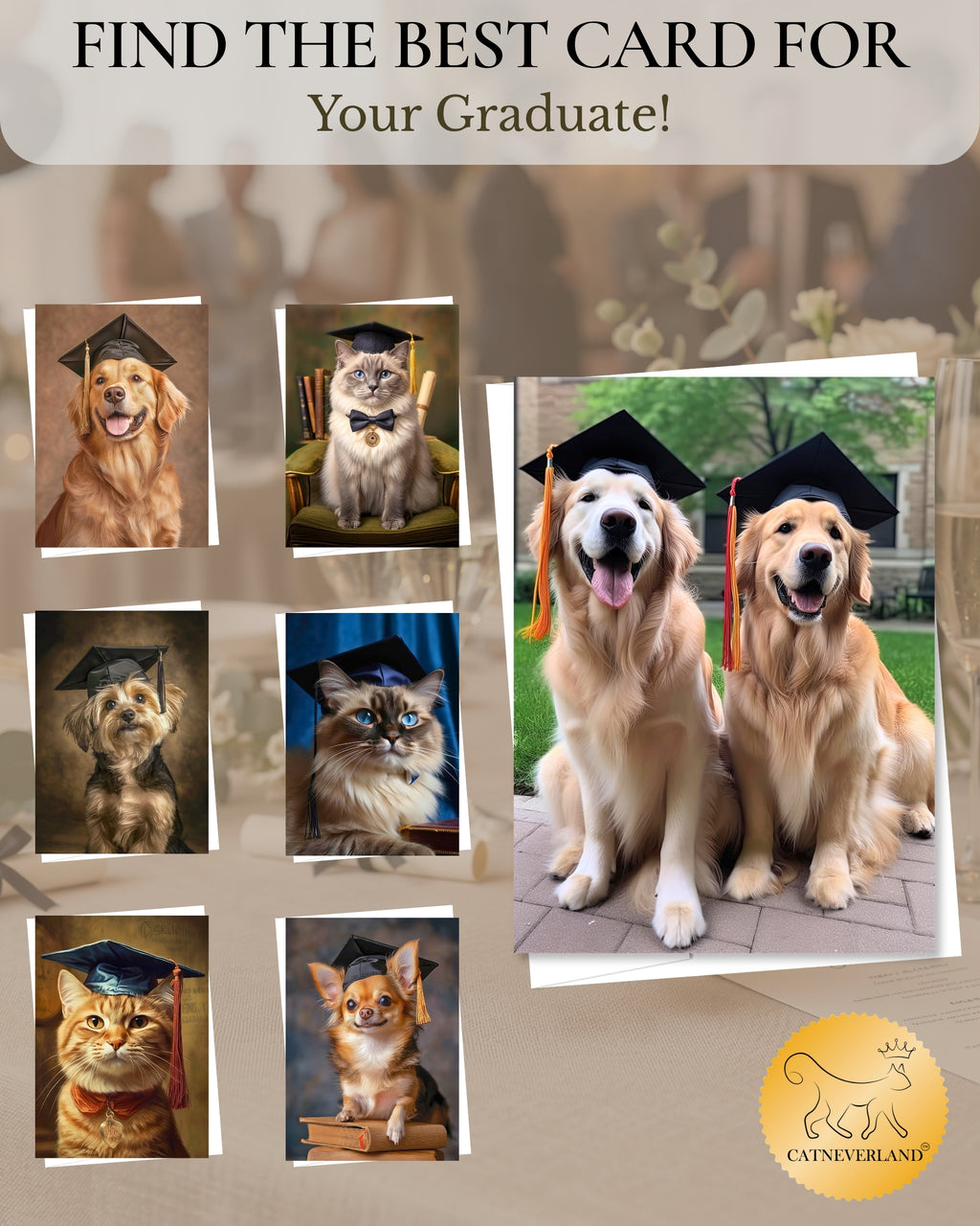 Golden Retrievers Graduation Greeting Card from Unique Pets Party Delights Collection Large 5x7 Inch Blank Inside with Envelope made in USA