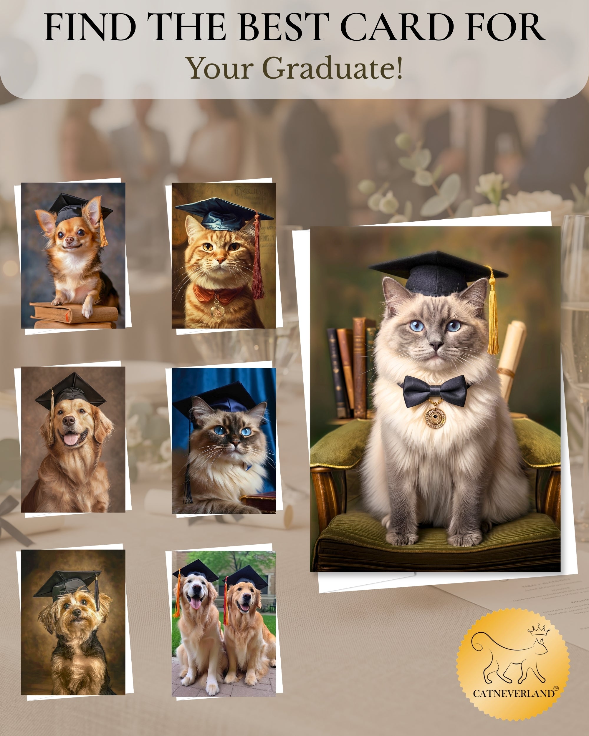 Ragdoll Cat Graduation Greeting Card 5x7” – Cute Cat in Cap & Bow Tie Congrats Card for Graduate – High School College Graduation Card with Envelope Blank Inside Made in USA