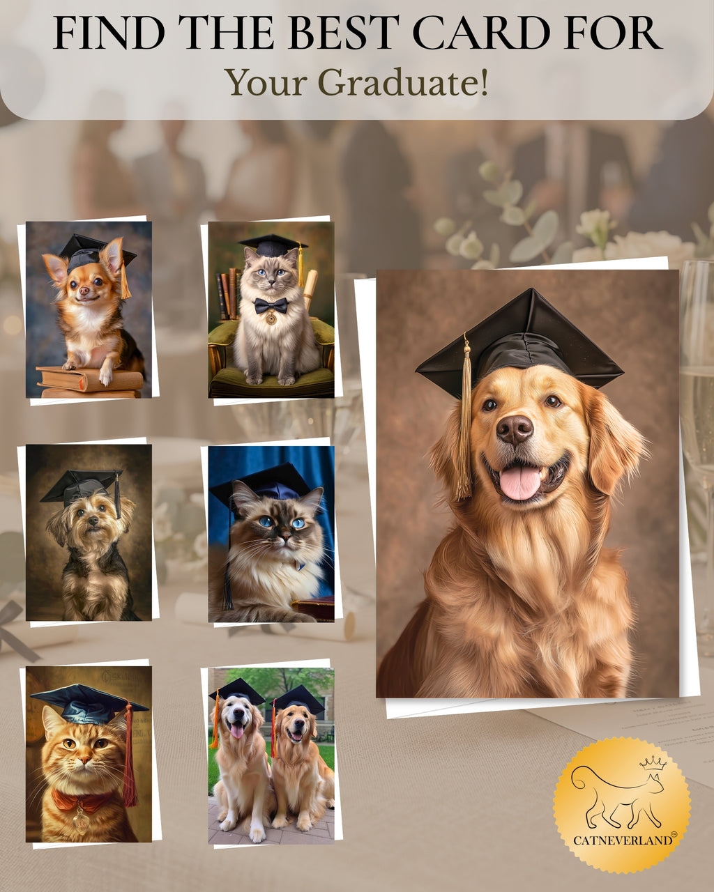 Golden Retriever Graduation Card – 5x7 Dog Greeting Card with White Envelope – Blank Inside – Pet Lover Gift – Made in USA – Frameable Keepsake