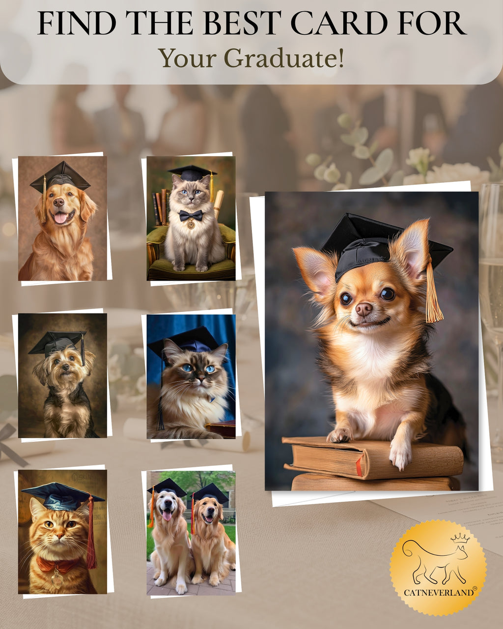 Chihuahua Graduation Card – 5x7 Dog Greeting Card with White Envelope – Blank Inside – Funny Pet Lover Gift – Made in USA – Frameable Keepsake