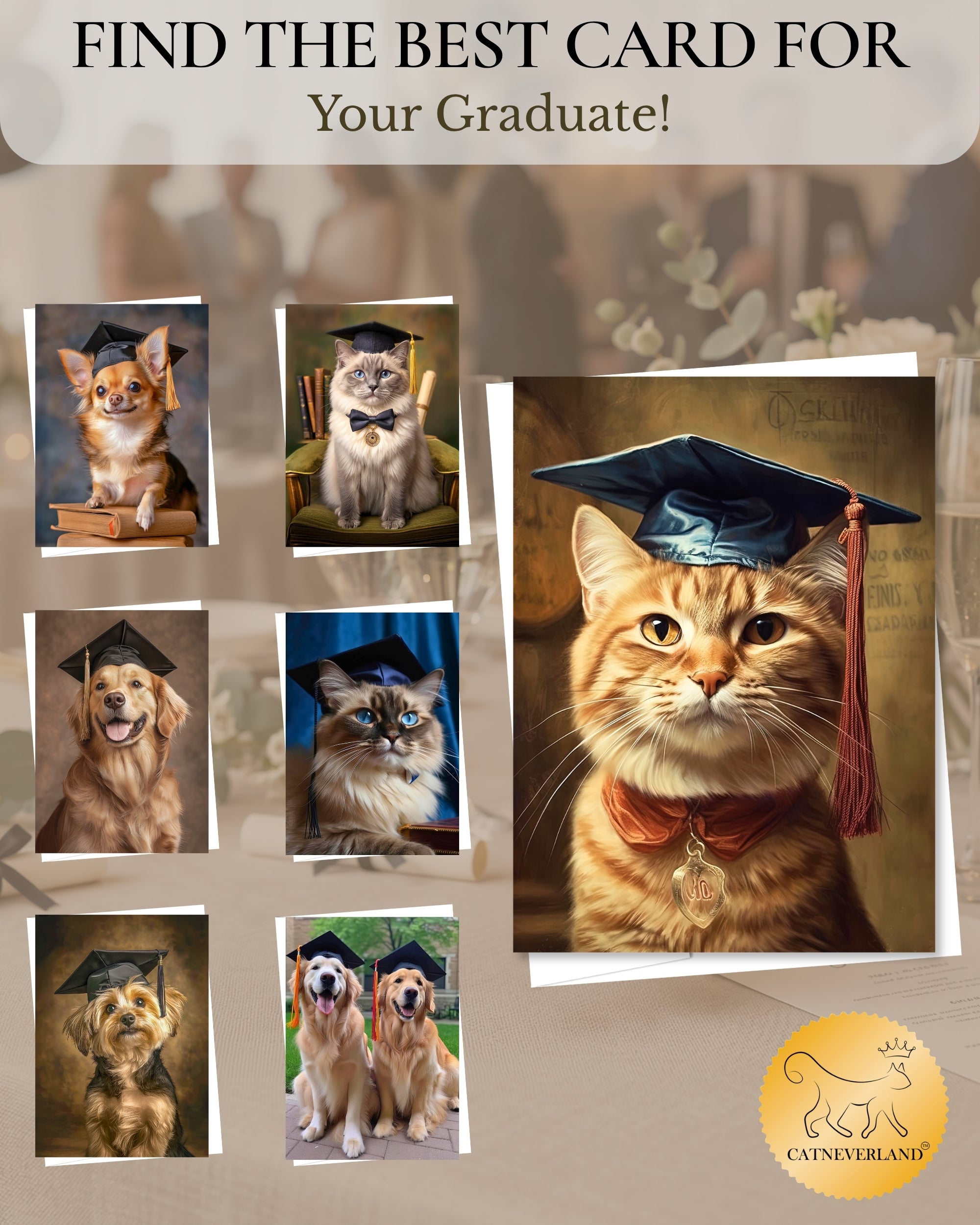 Ginger Cat Graduation Greeting Card from Unique Pets Party Delights Collection Large 5x7 Inch Blank Inside with Envelope made in USA