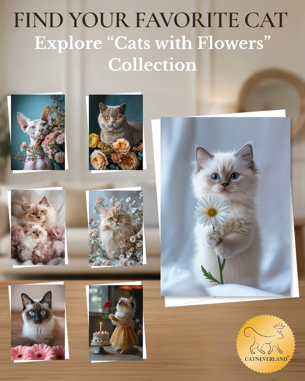 Ragdoll Kitten with Daisy Greeting Card Cute Blue-Eyed Cat Blank Card for Pet Lovers, Premium 5x7 Stationery with Envelope – Made in USA by Pet-Friendly Business