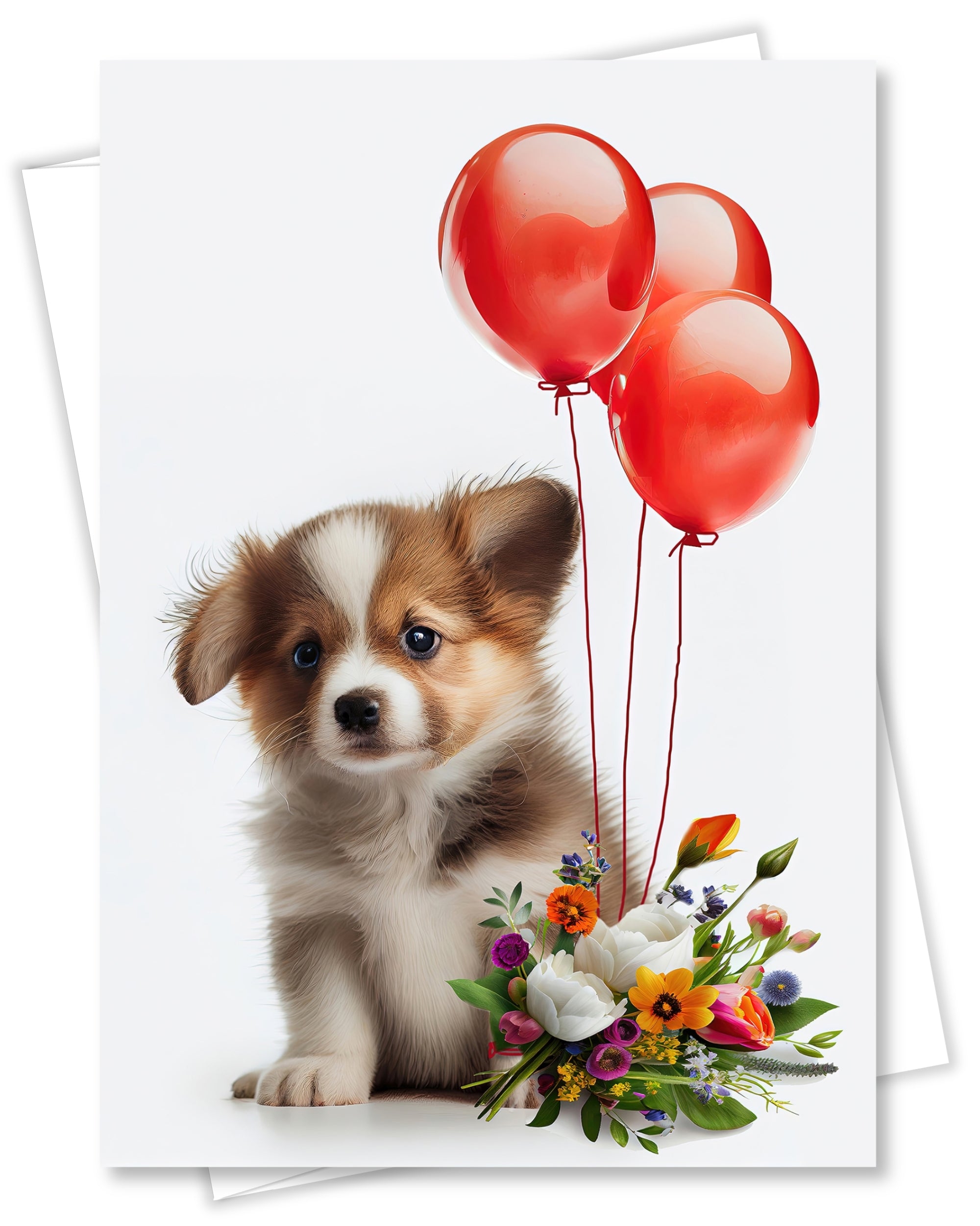 Puppy with Red Balloons and Flowers All Occasions Greeting Card from Unique Dogs Party Delights Collection Large 5x7 Inch Blank Inside with Envelope