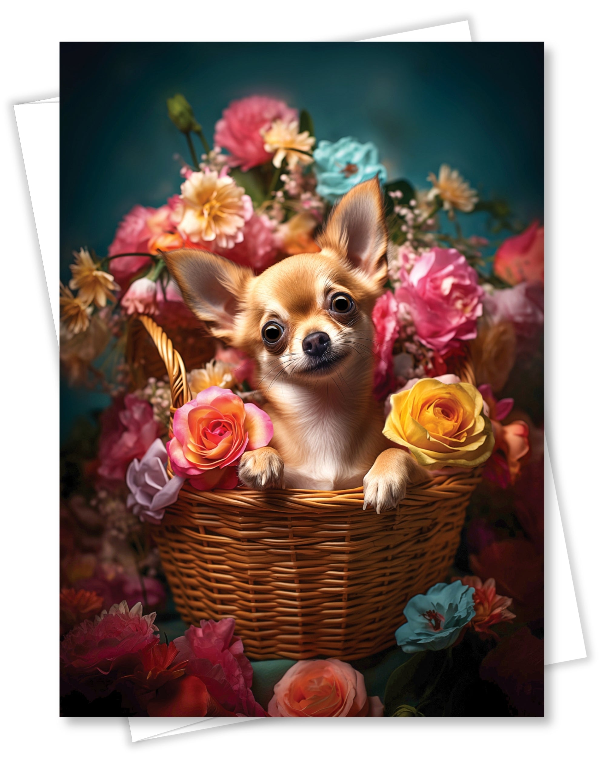 Chihuahua with Flowers All Occasions Greeting Card from Unique Dogs Party Delights Collection Large 5x7 Inch Blank Inside with Envelope