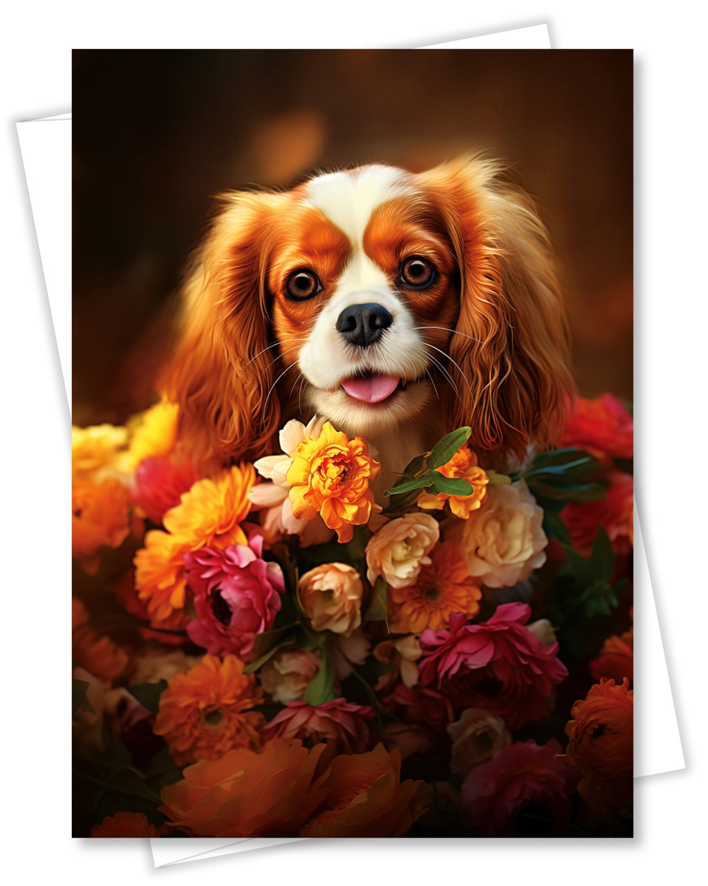 Cavalier King Charles Spaniel with Flowers All Occasions Greeting Card - Dog with Flowers from Unique Dogs Party Delights Collection - Large 5x7 Inch - Blank Inside with A7 Invitation Style White