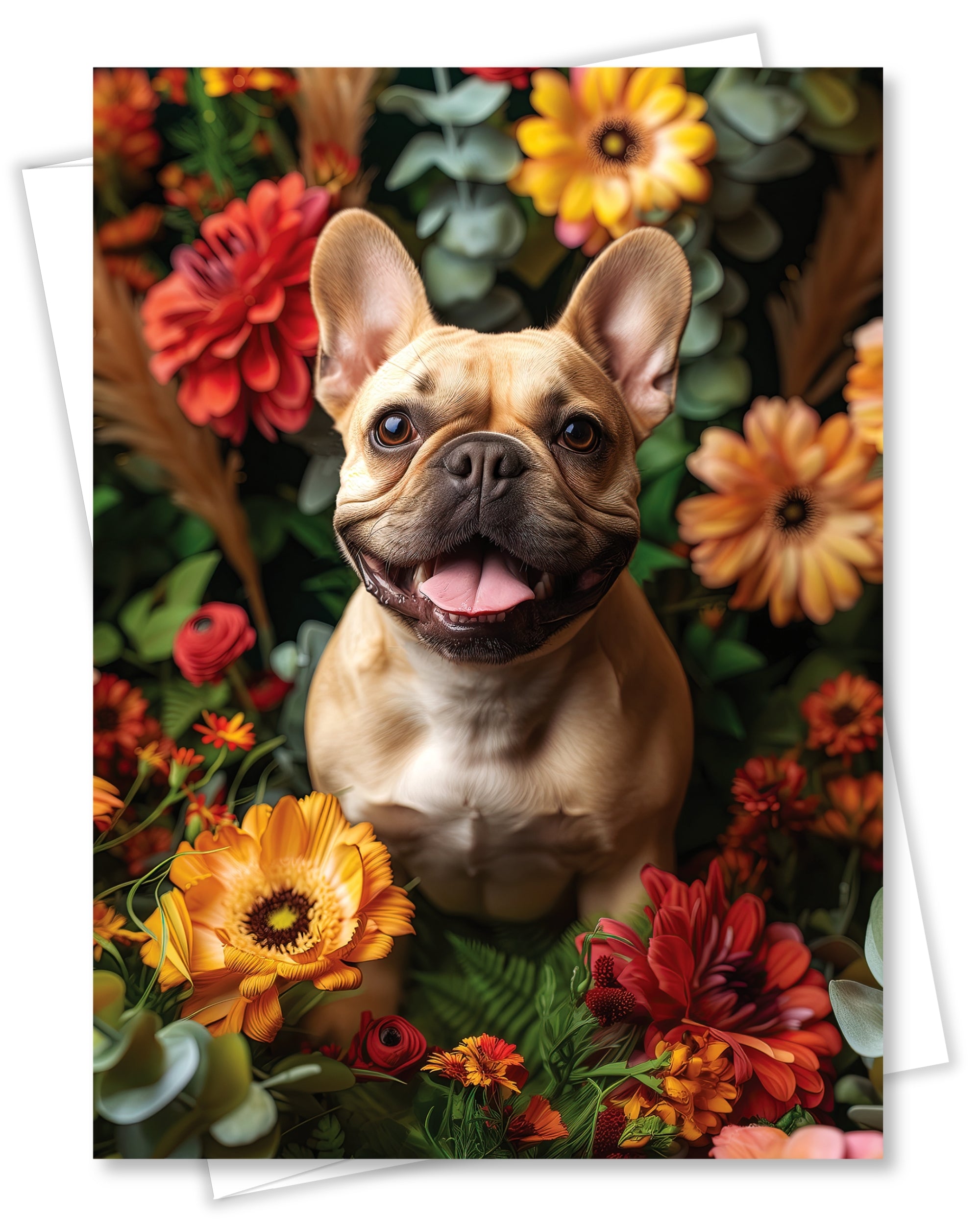 French Bulldog with Flowers All Occasions Greeting Card - Dog with Flowers from Unique Dogs Party Delights Collection - Large 5x7 Inch - Blank Inside with White Envelope
