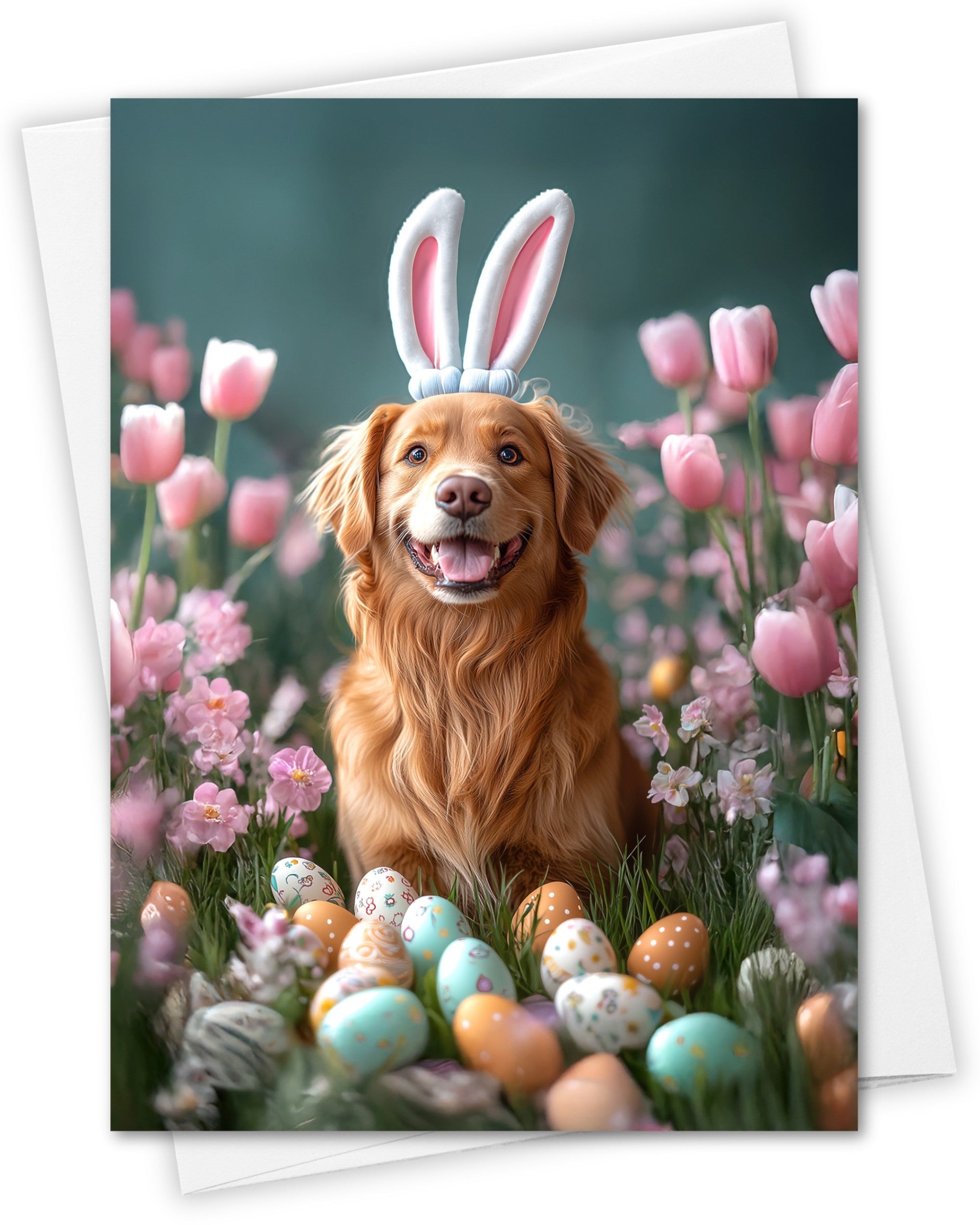 Golden Retriever Easter Greeting Card – Dog with Bunny Ears Surrounded by Easter Eggs and Spring Flowers Premium 5x7” Card with White Envelope Blank Inside Made in USA
