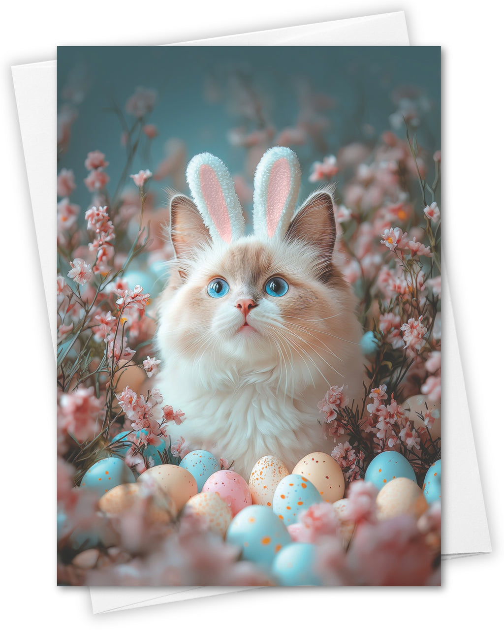 Ragdoll Cat Easter Greeting Card – Cute Cat with Bunny Ears Surrounded by Easter Eggs and Spring Flowers Premium 5x7” Card with White Envelope Blank Inside Made in USA