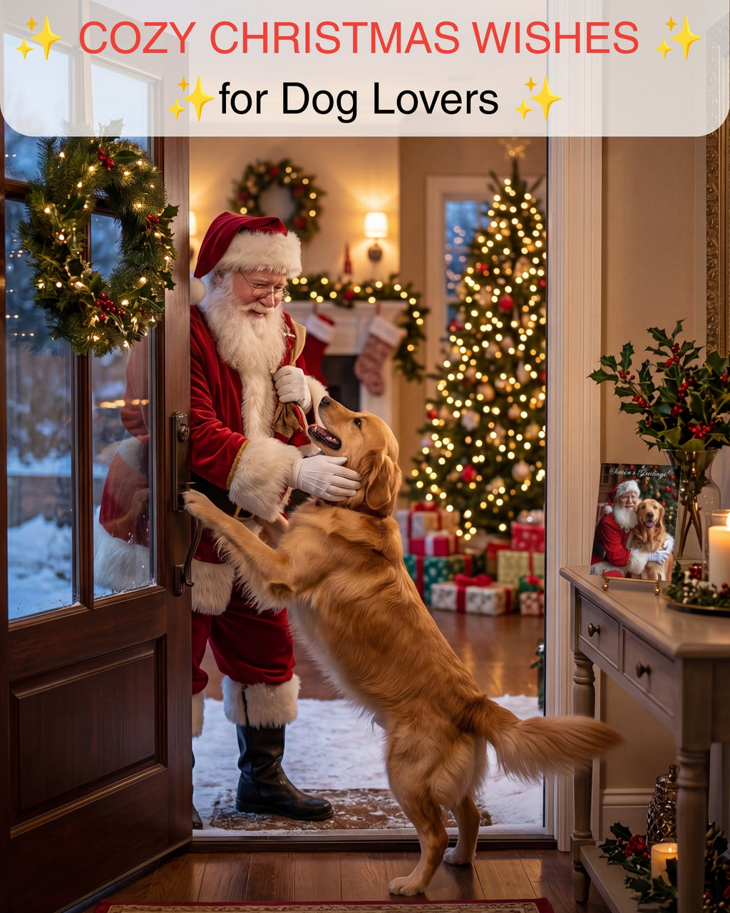 Santa with Golden Retriever Holiday Christmas Greeting Card, Blank Inside, Premium Cardstock, Red Envelope, Unique Artwork, Made by Small Pet-Friendly Business in USA