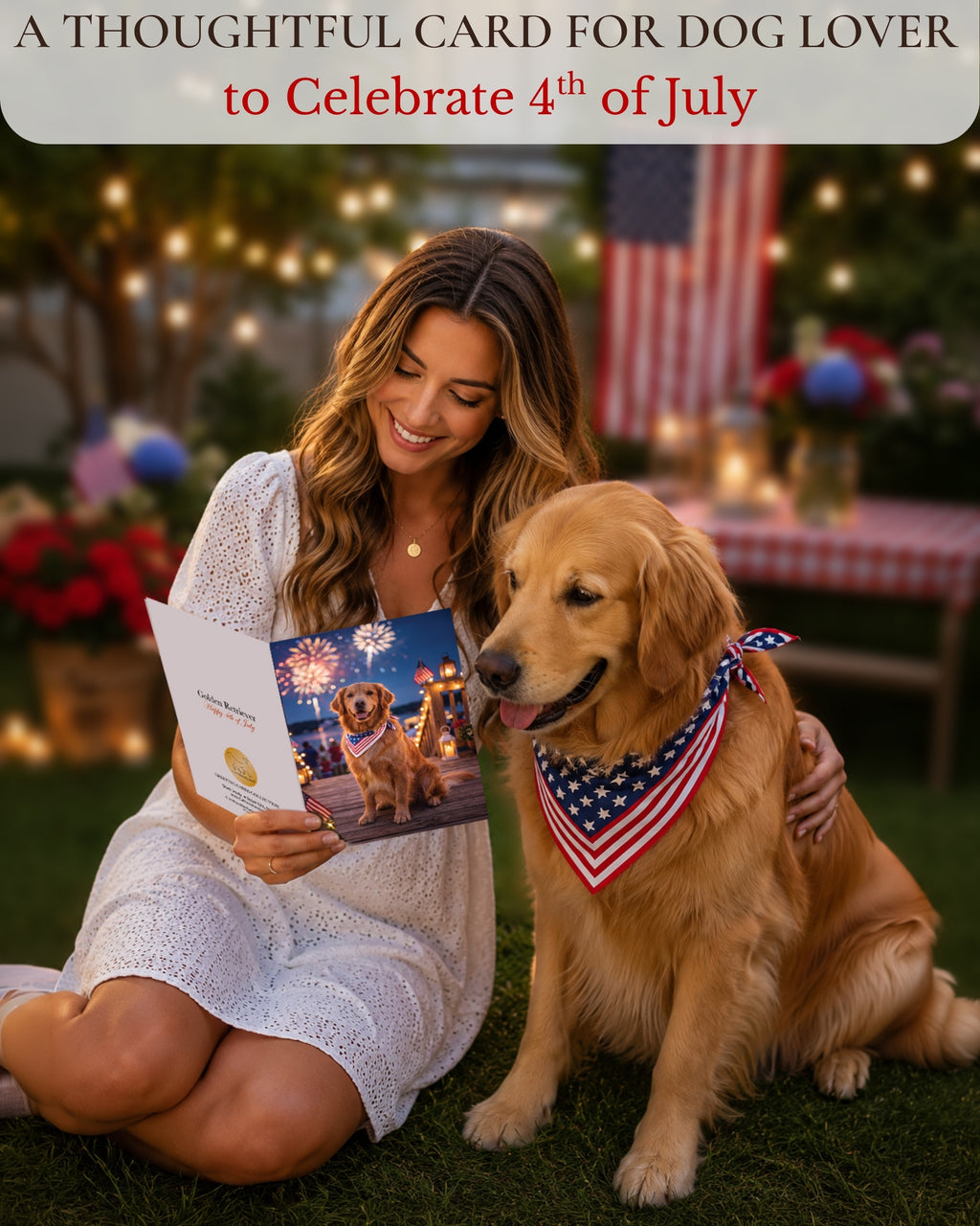 Golden Retriever 4th of July Greeting Card – Patriotic Dog Card with Fireworks – Premium 5x7 Independence Day Card with White Envelope – Blank Inside – Made in USA
