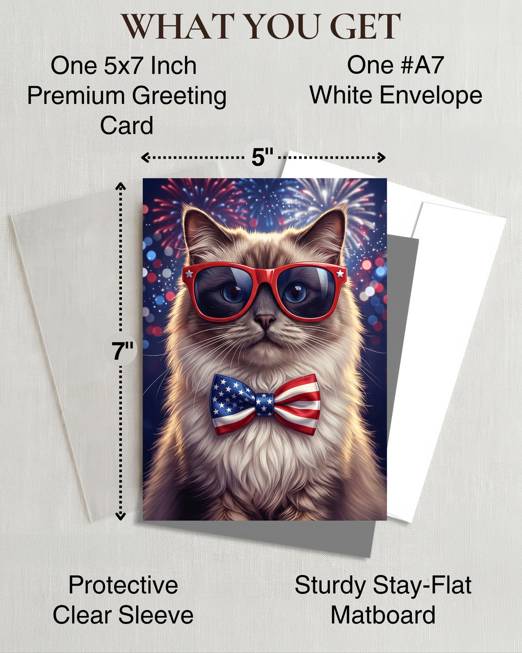Ragdoll Cat 4th of July Greeting Card – Patriotic Cat with American Flag Bow Tie & Sunglasses – Premium 5x7 Independence Day Card with White Envelope – Blank Inside – Made in USA