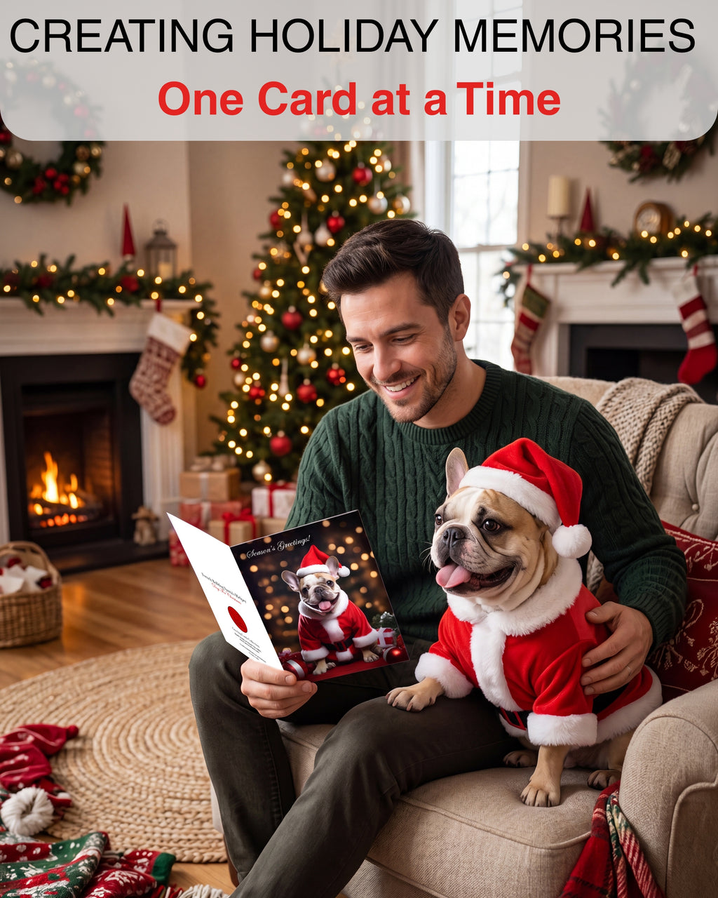 Festive French Bulldog Seasons Greetings Holiday Card - Unique Artwork from Dogs for Christmas Collection, Blank Inside, Premium Cardstock, Red Envelope, Made by Pet-Friendly Small Business in USA