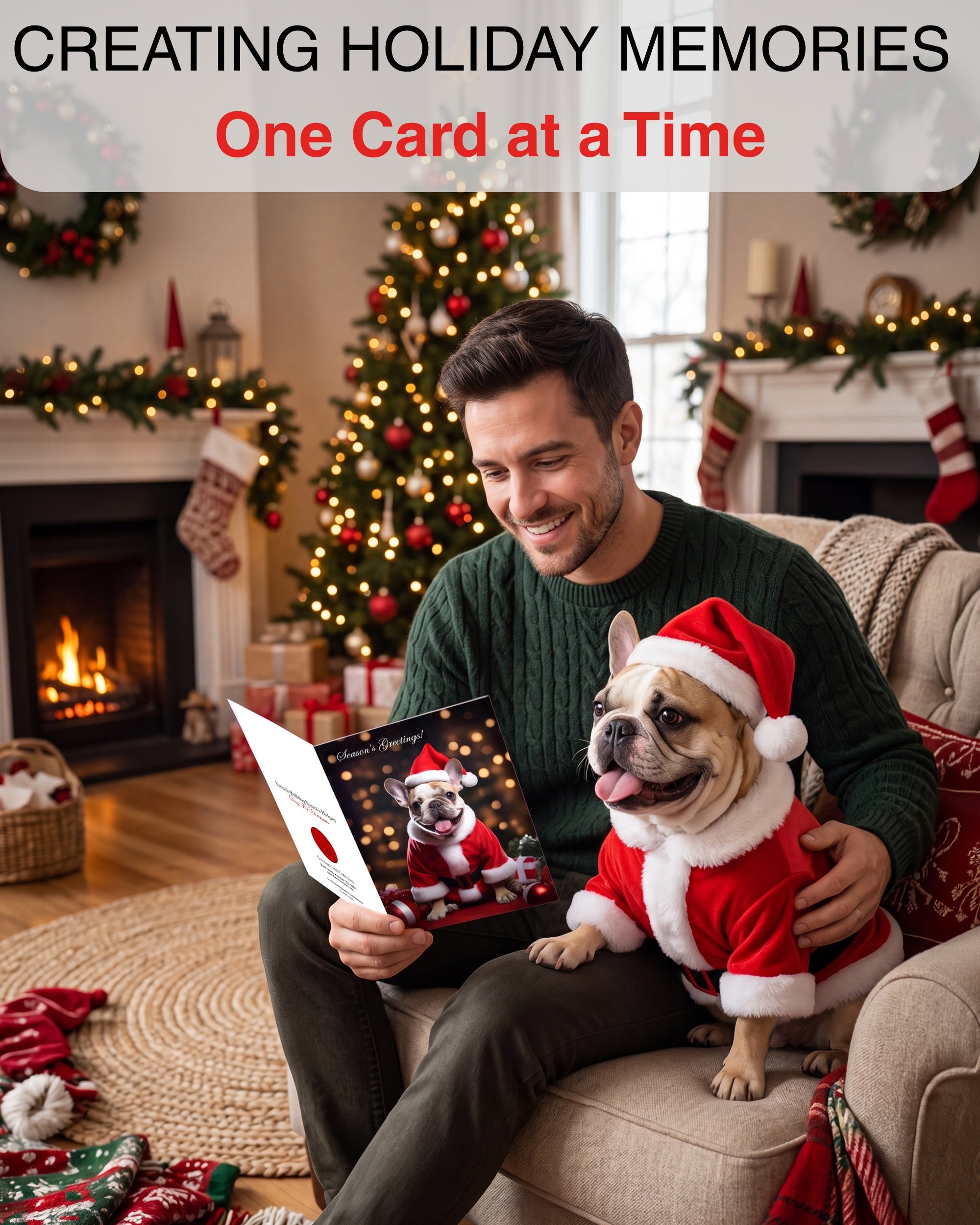 Festive French Bulldog Seasons Greetings Holiday Card - Unique Artwork from Dogs for Christmas Collection, Blank Inside, Premium Cardstock, Red Envelope, Made by Pet-Friendly Small Business in USA