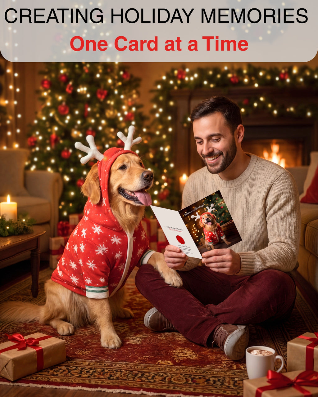 Charming Golden Retriever Reindeer Holiday Card from Dogs for Christmas Collection, Blank Inside, Premium Cardstock, Red Envelope, Made by Pet-Friendly Small Business in USA