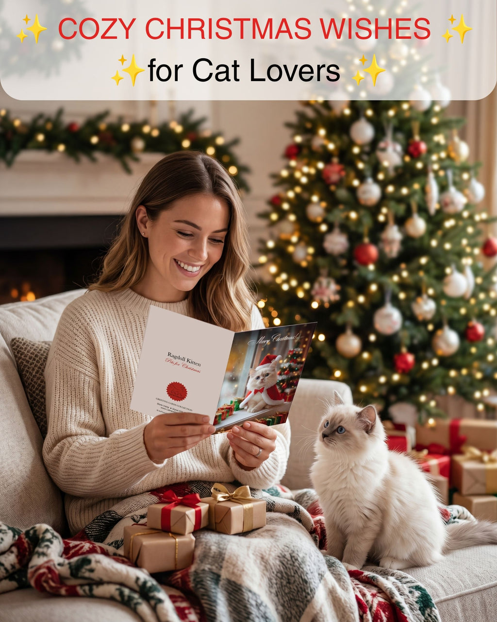 Ragdoll Kitten Christmas Greeting Card – Merry Christmas Cat Card for Pet Lovers, Blank Inside, 5x7” Premium Holiday Card with Red Envelope – Cute Cat Art, Made in USA by Pet-Friendly Small Business