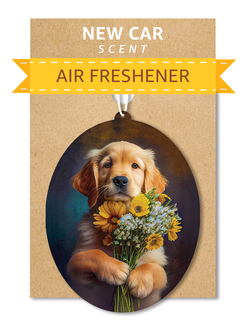 Golden Retriever - Dog Car Air Freshener - Cute Hanging Dog with Flowers Decor New Car Scent, Infusible with Your Own Scent, Pet Safe, Non-Toxic, Freshener for Car, Closet, Office Size - 3x4"