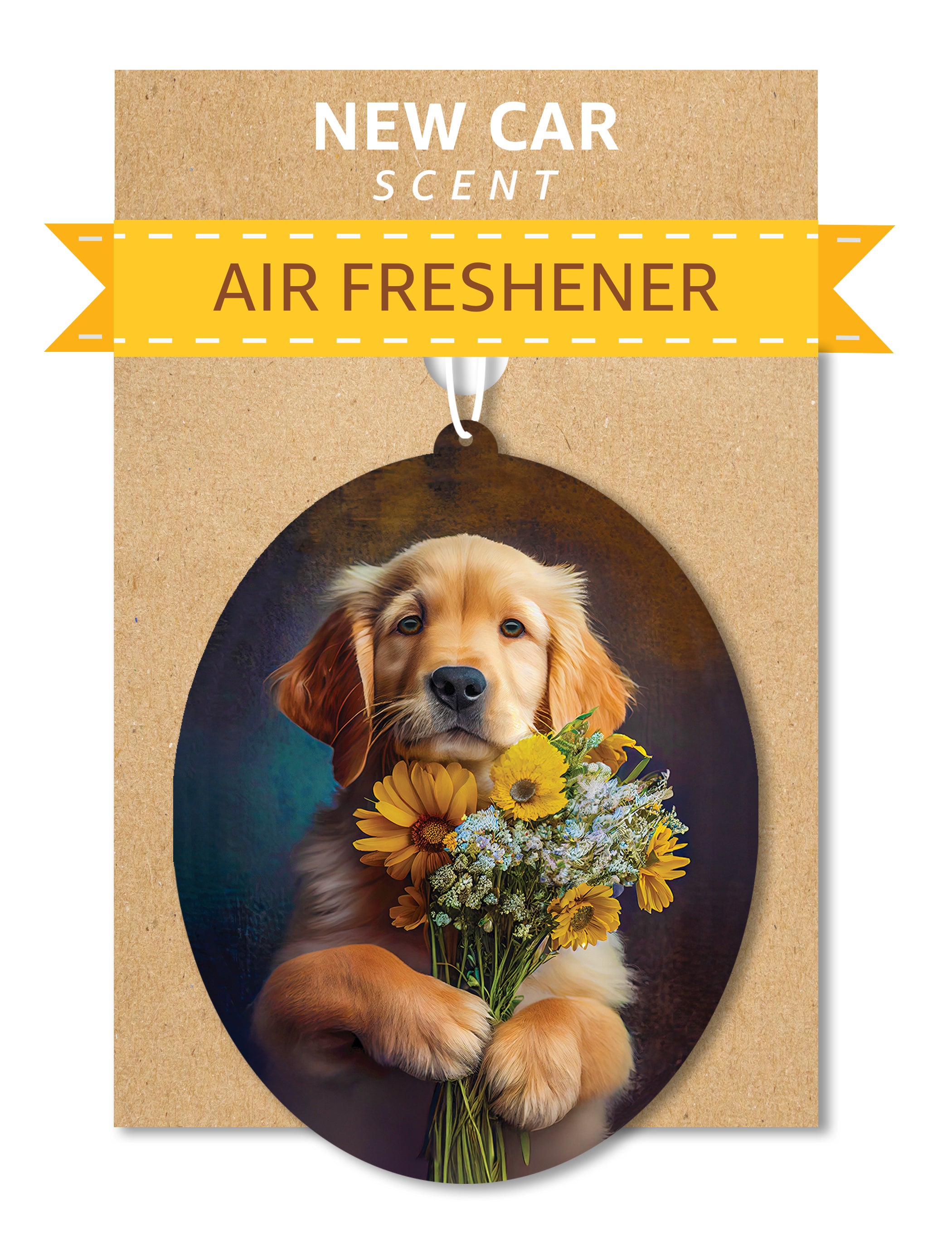 Golden Retriever - Dog Car Air Freshener - Cute Hanging Dog with Flowers Decor New Car Scent, Infusible with Your Own Scent, Pet Safe, Non-Toxic, Freshener for Car, Closet, Office Size - 3x4"