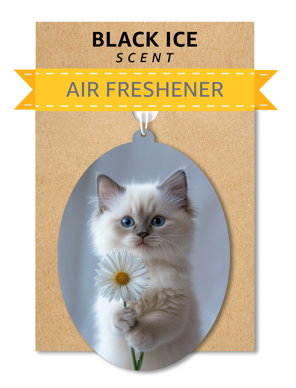 Ragdoll Kitten - Cat Car Air Freshener - Cute Hanging Daisy Cat Decor Black Ice Scent, Infusible with Your Own Scent, Pet Safe, Non-Toxic, Freshener for Car, Closet, Office Size - 3x4"
